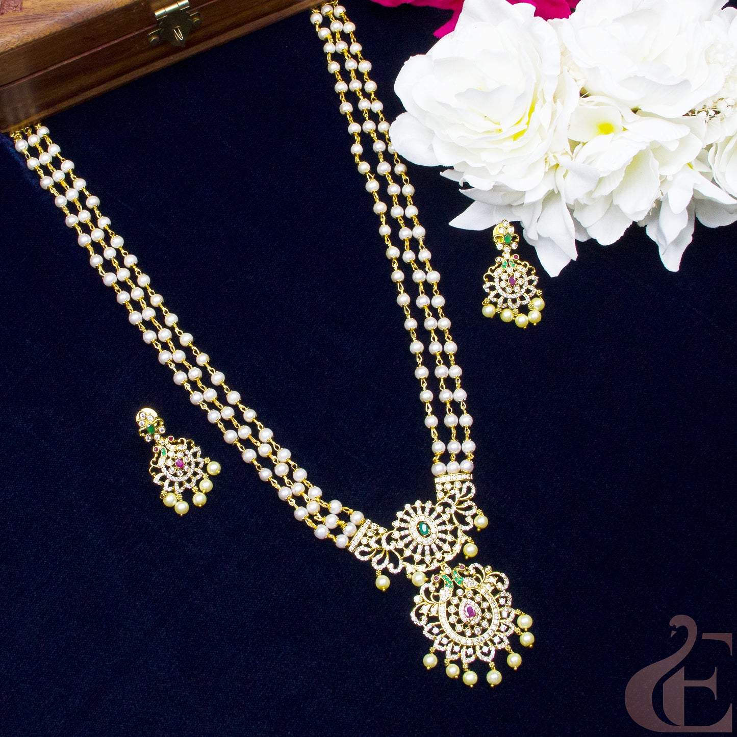 Top view of 3 Layer Beaded Long AD Antique Necklace Set ruby green white stones