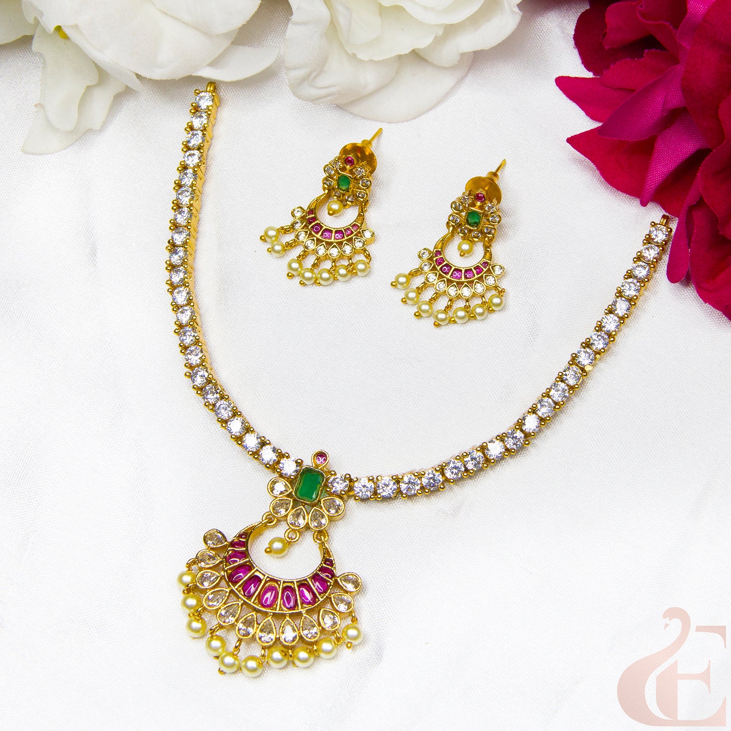 Top view of AD Antique Necklace & Earrings Ruby Green stones 119