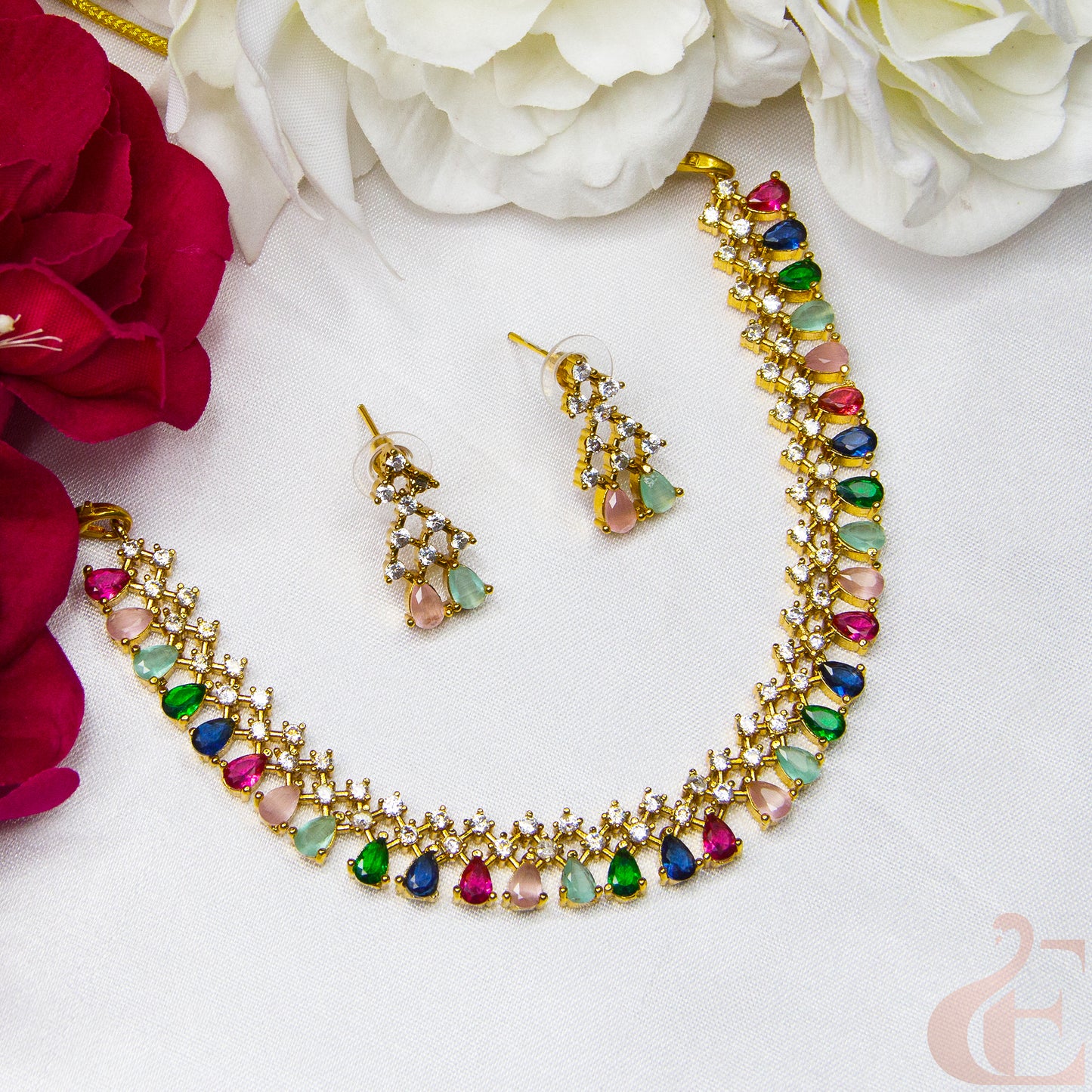 Top view of AD Antique Necklace Set Multi color stones
