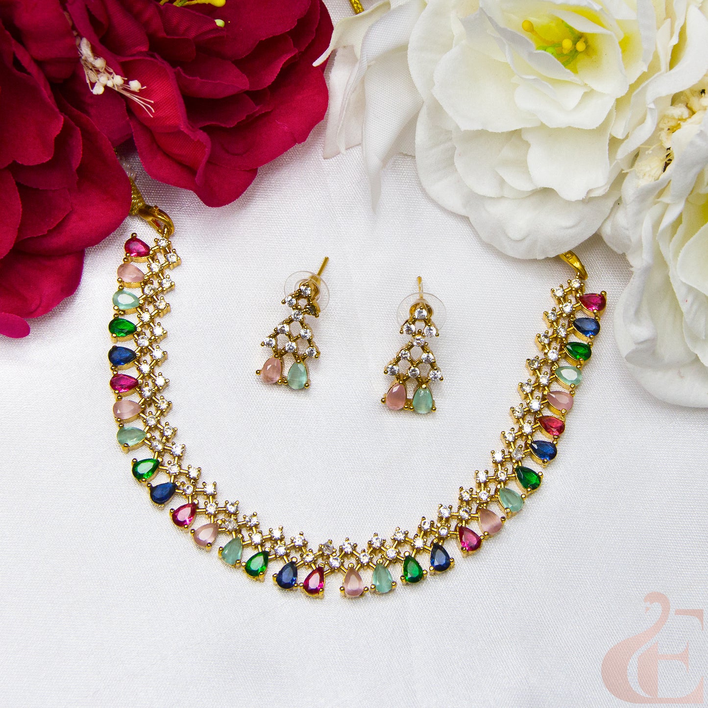 Top view of AD Antique Necklace Set Multi color stones