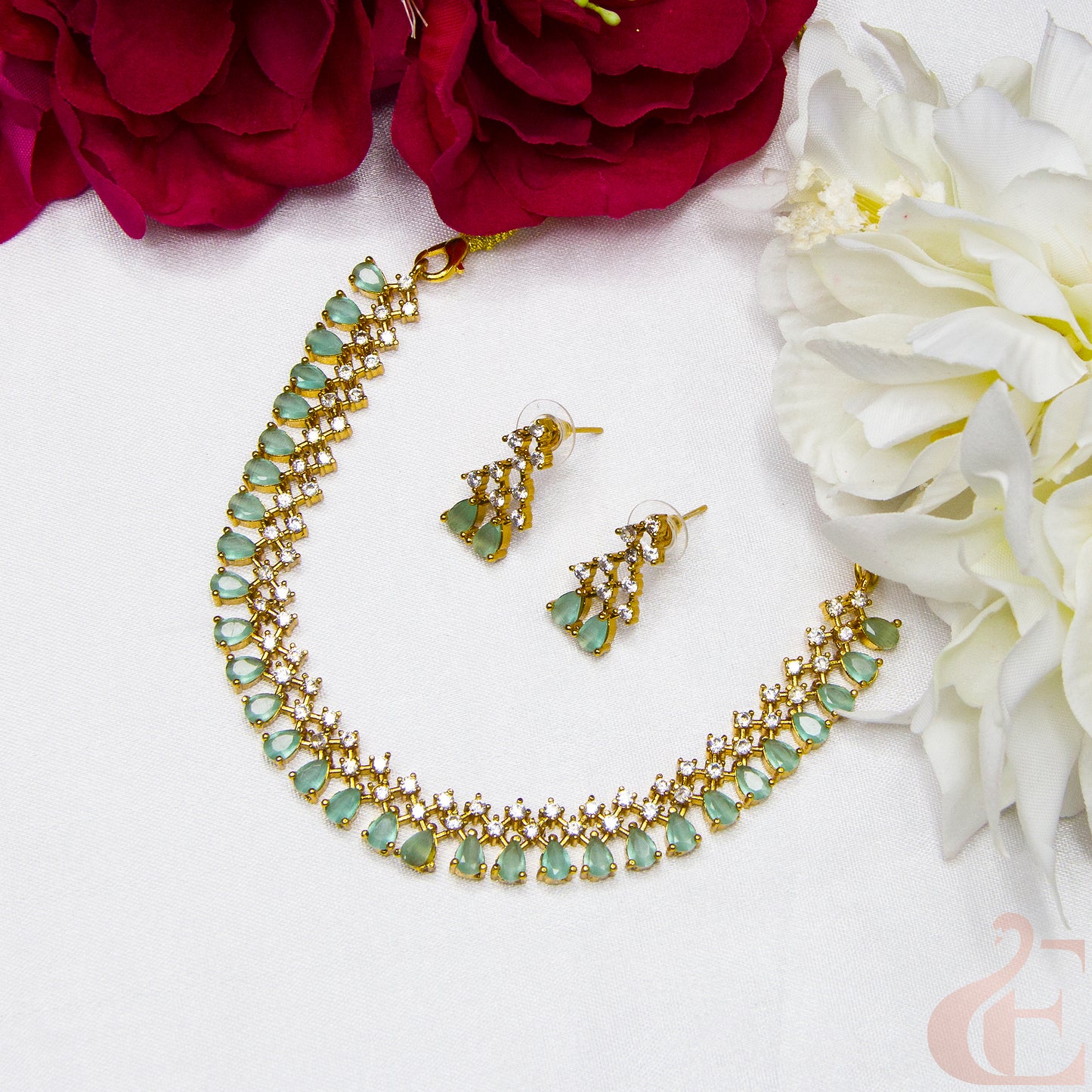 Top view of AD Antique Necklace Set Pista green stones