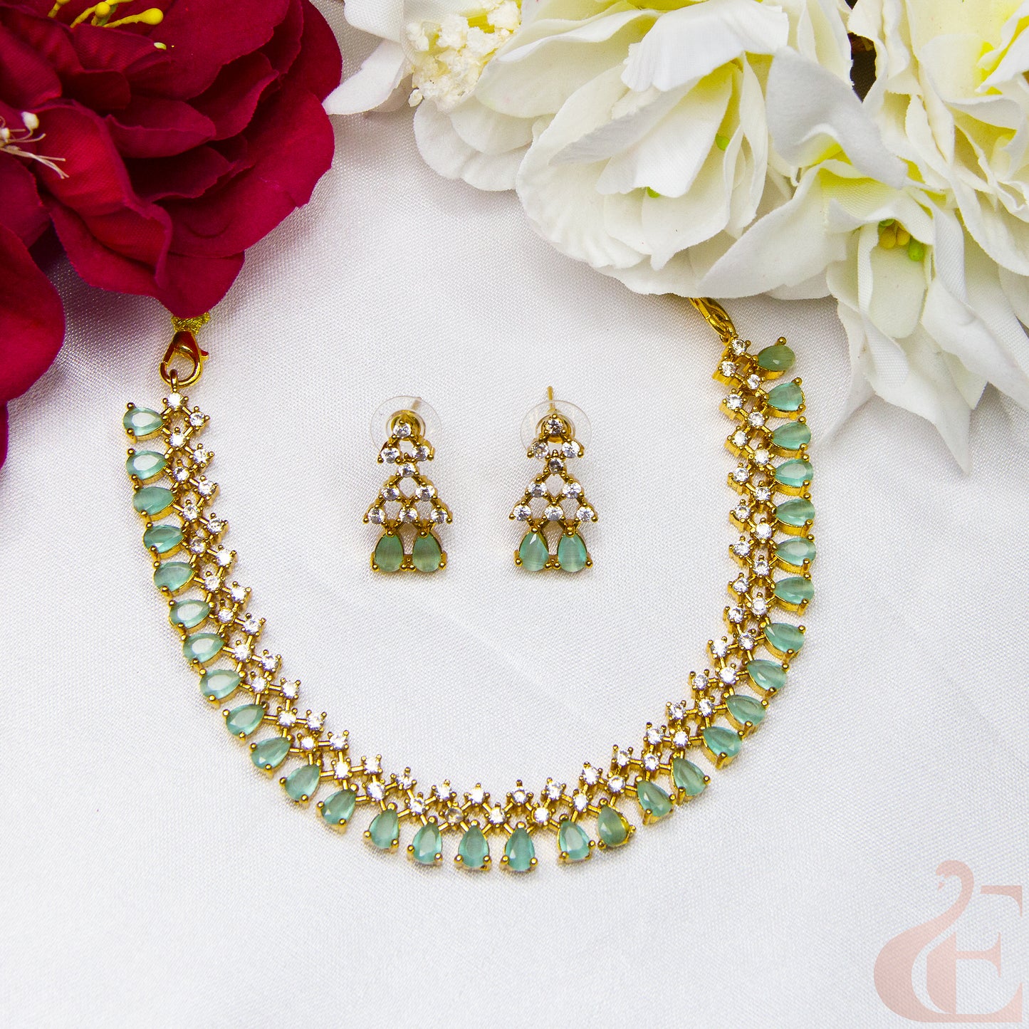 Top view of AD Antique Necklace Set Pista green stones