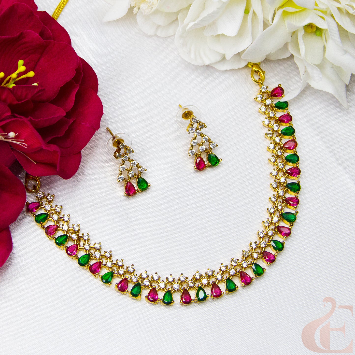 Top view of AD Antique Necklace Set Ruby Green stones