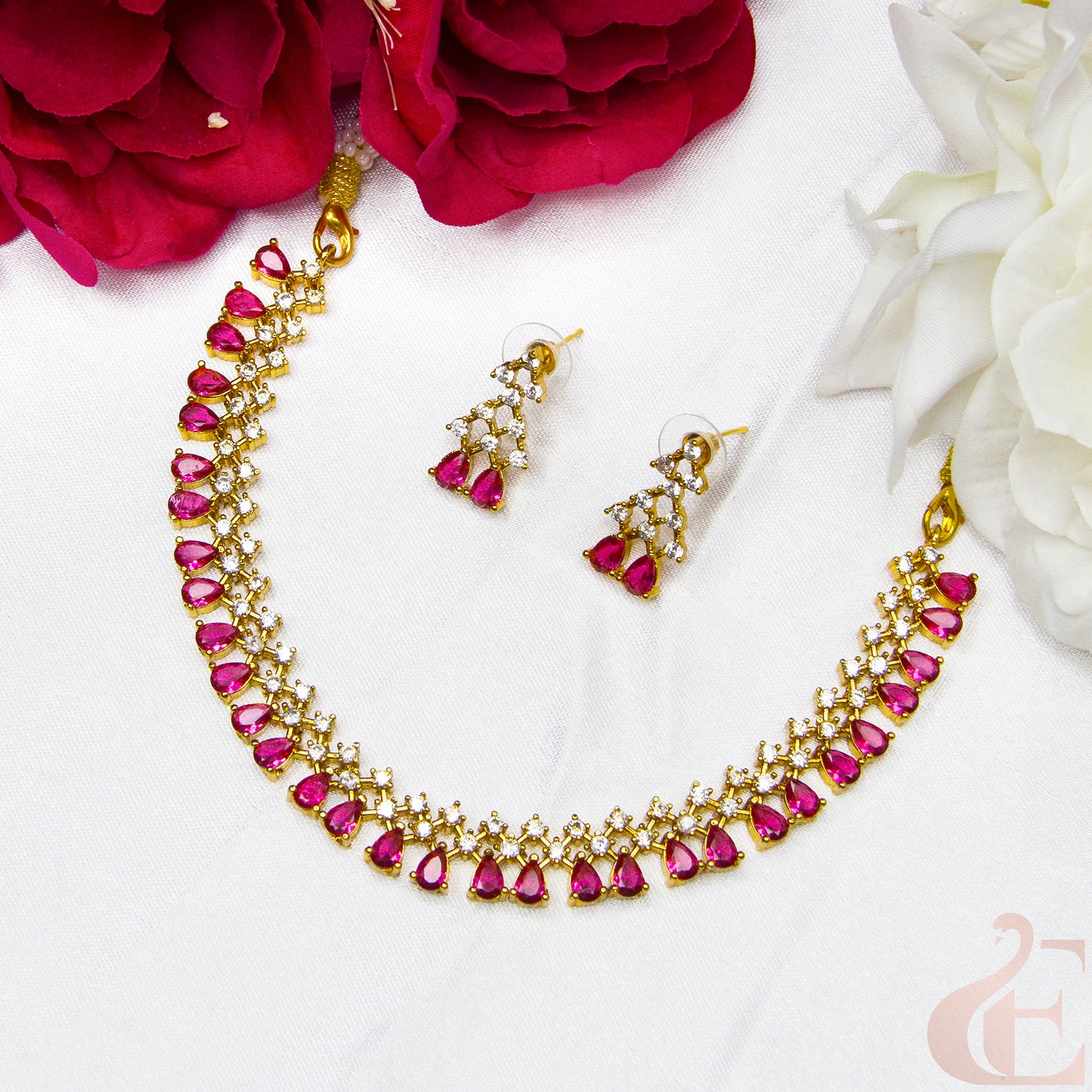 Top view of AD Antique Necklace Set Ruby stones