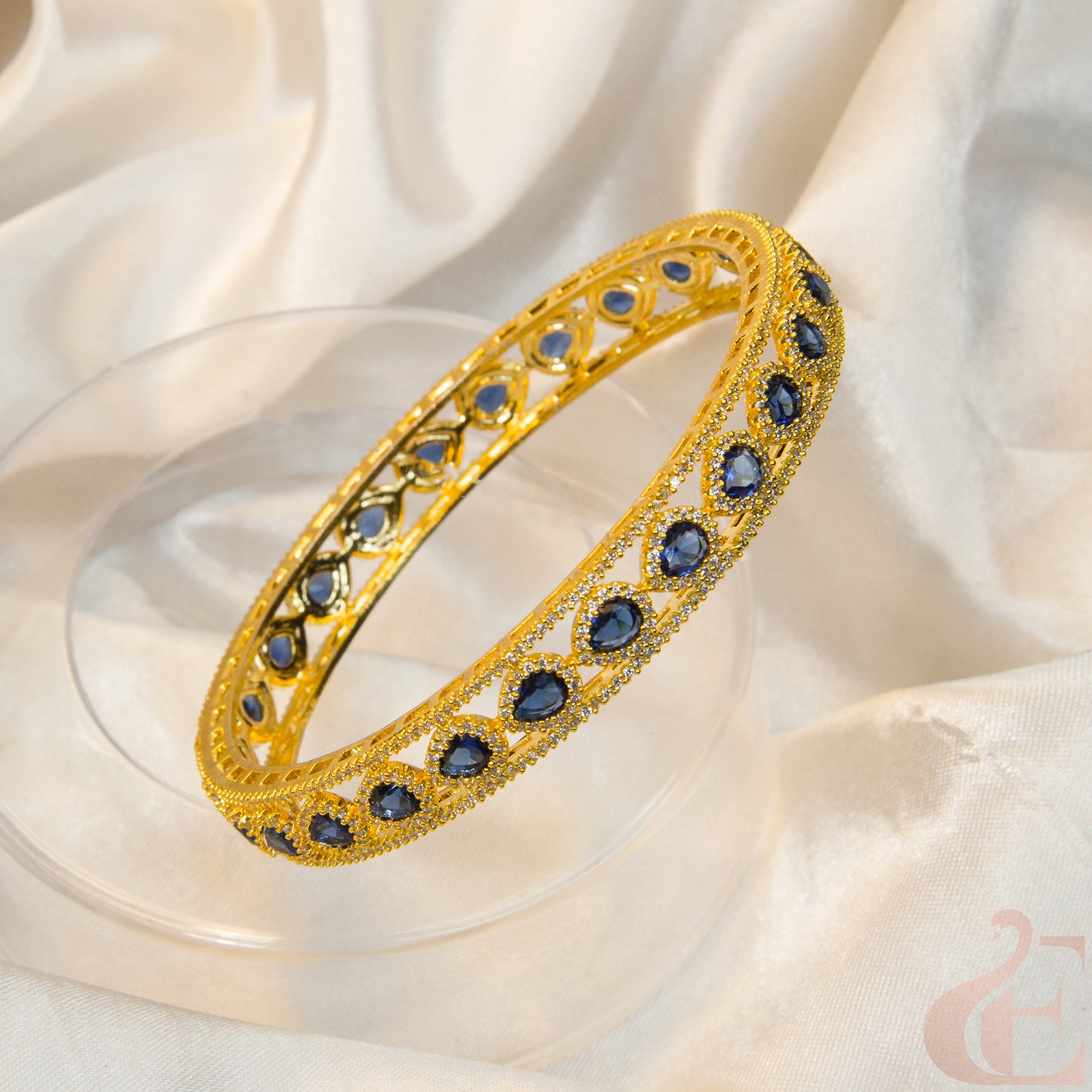 Top view of AD Premium Gold Plated Stone Bangle Blue ( 1 pcs )