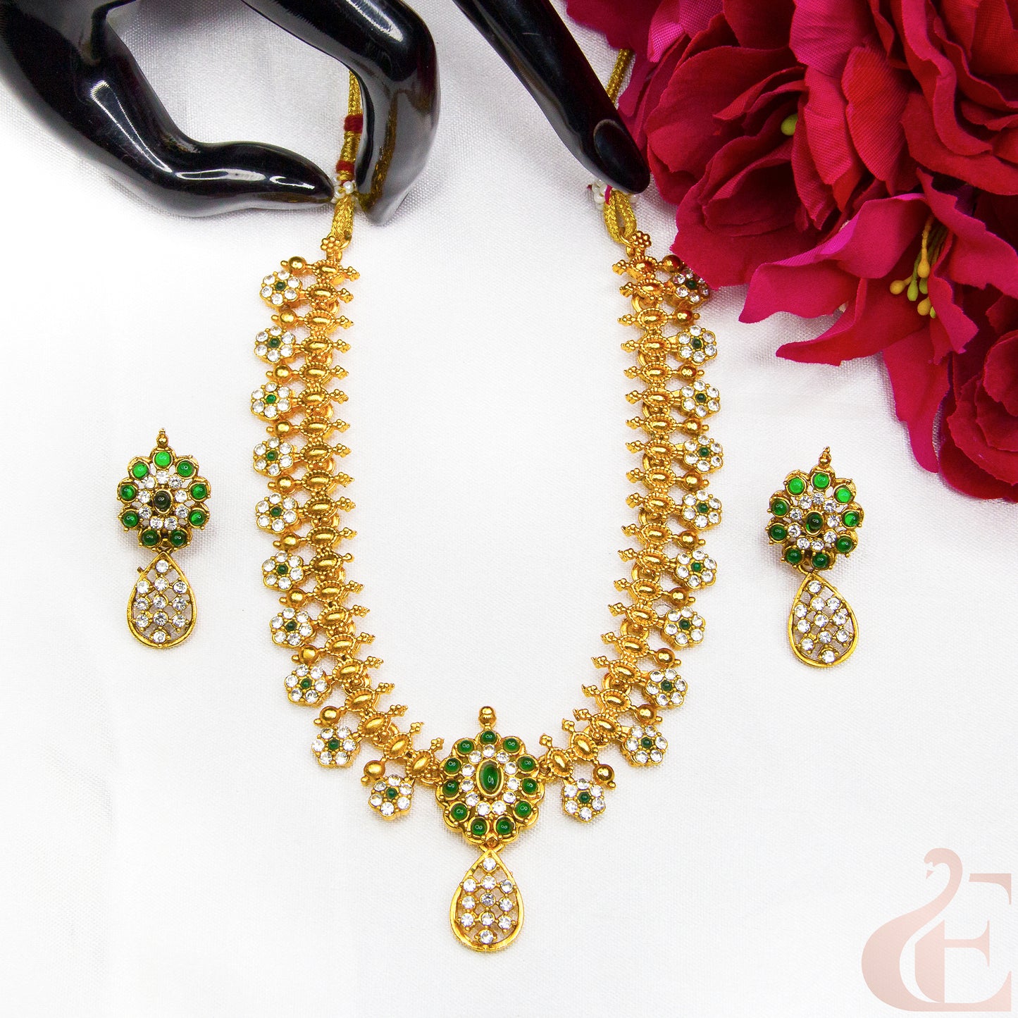 Top view of Antique AD Necklace Set Green and White stones