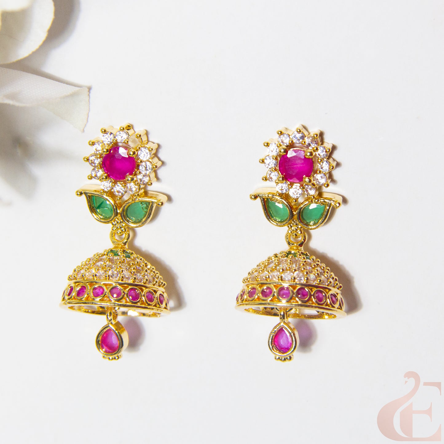 Top view of Antique AD Premium Jhumka Ruby Green