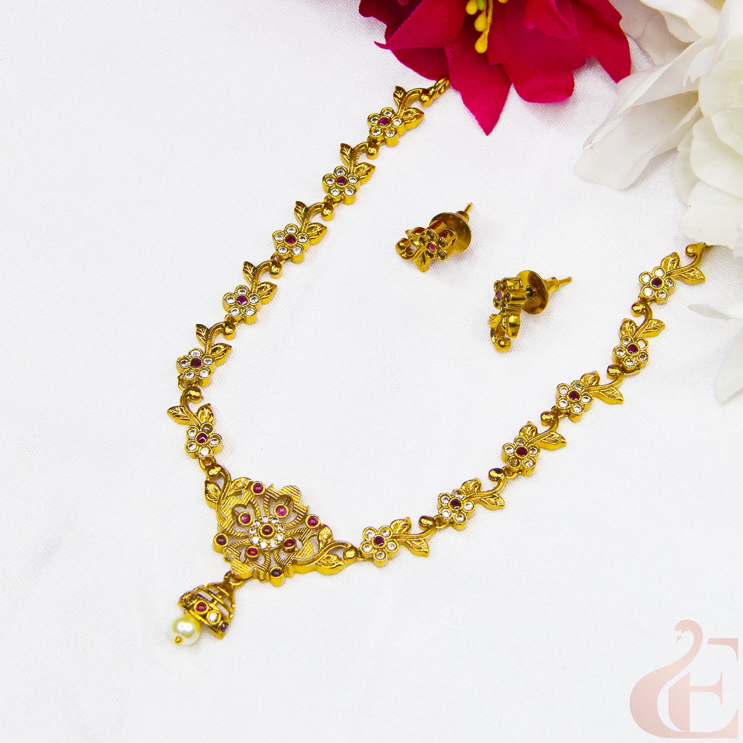 Top view of Antique Ad Necklace Set ruby white AD stones
