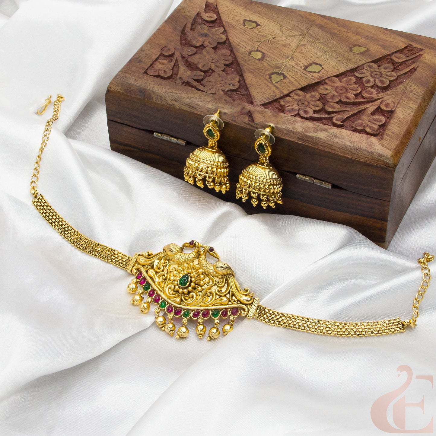 Top view of Antique Choker & Jhumka Green Ruby Set 57