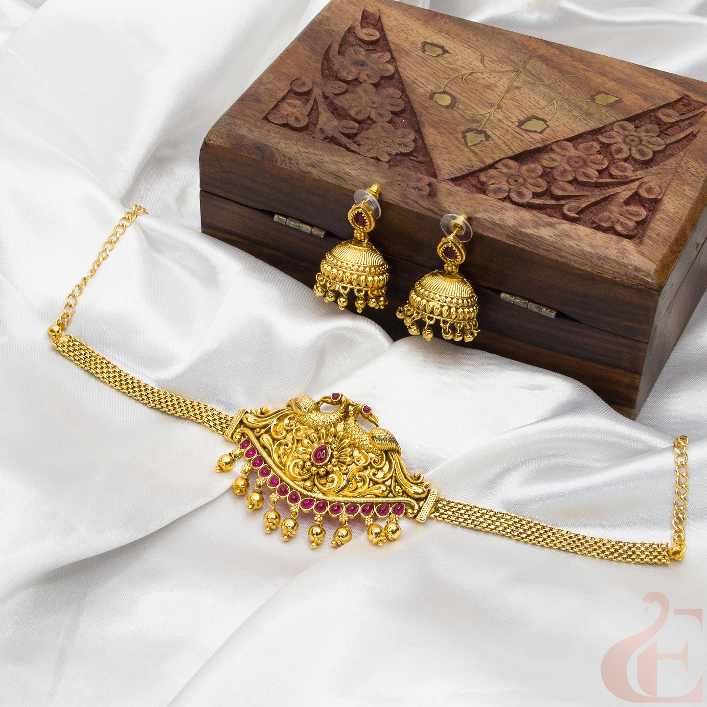 Top view of Antique Choker & Jhumka Ruby Set