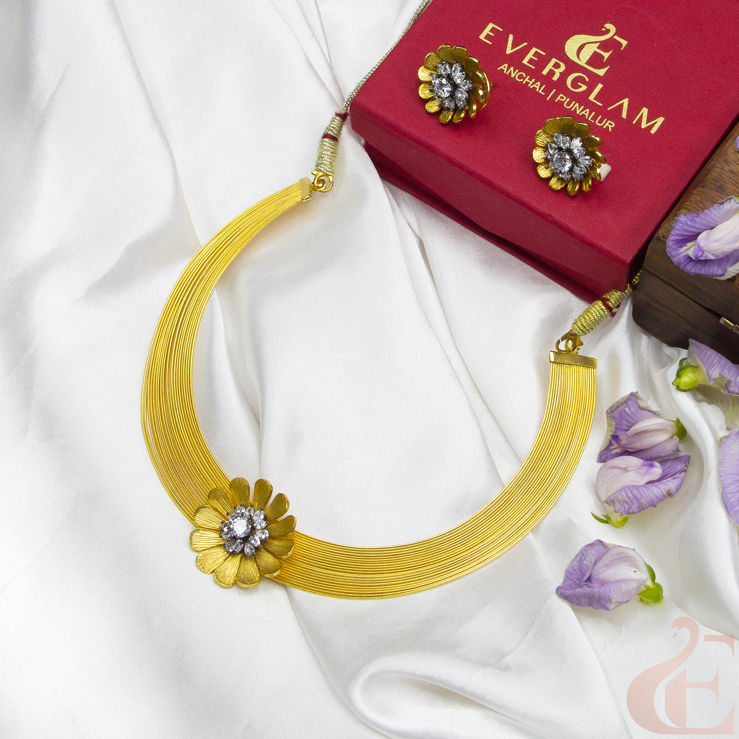 Top view of side angle Antique Choker Necklace & Floral Earrings