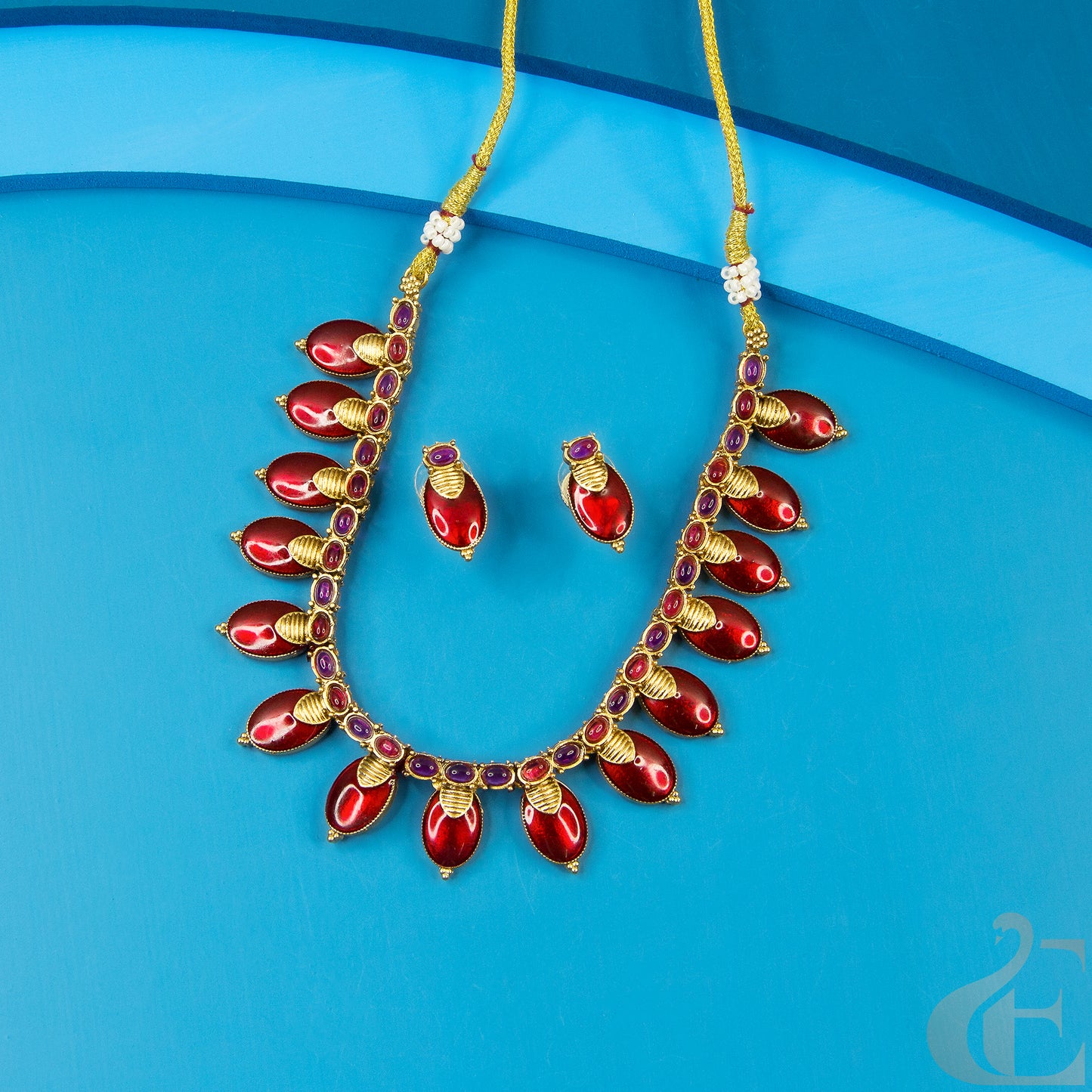 Top view of Antique Green Necklace & Earrings Ruby Stone