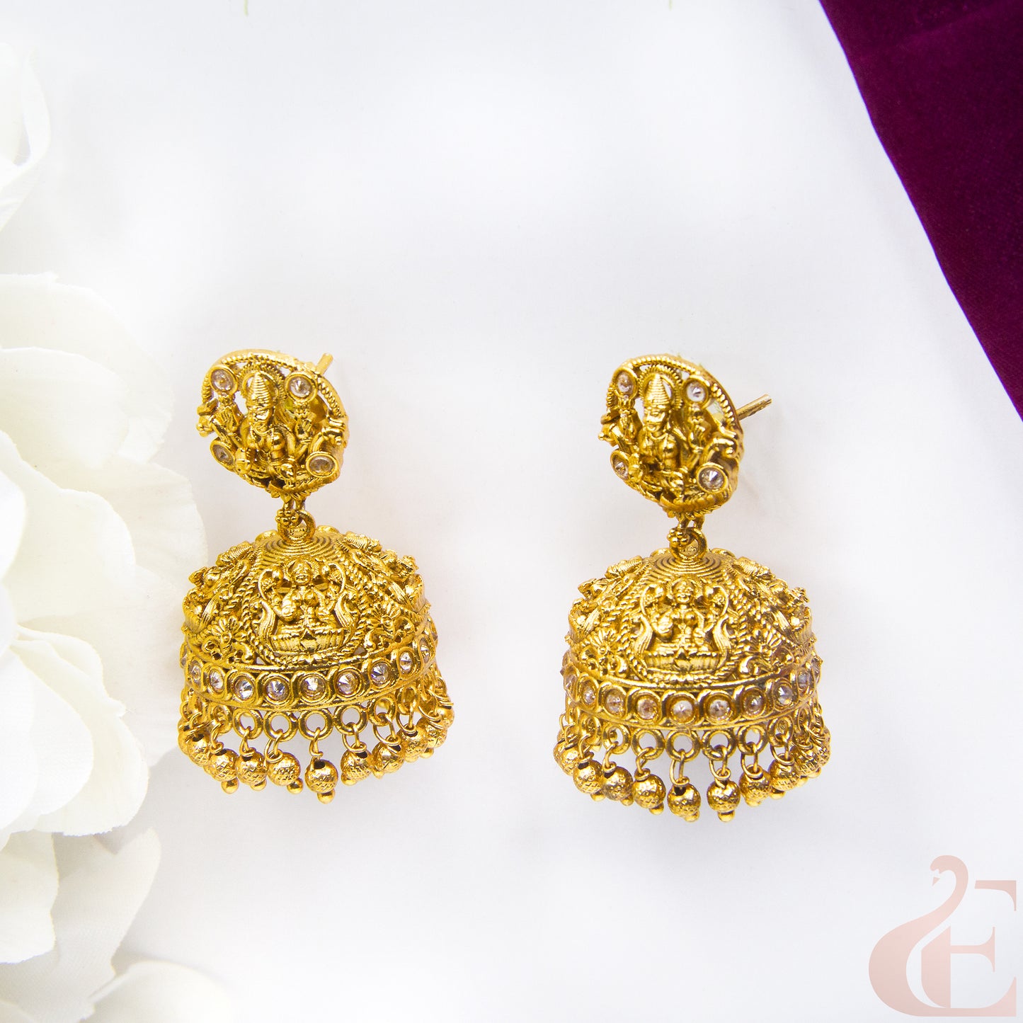 Top view of Premium Antique Light Weight Temple Jhumkas Earrings , white stones