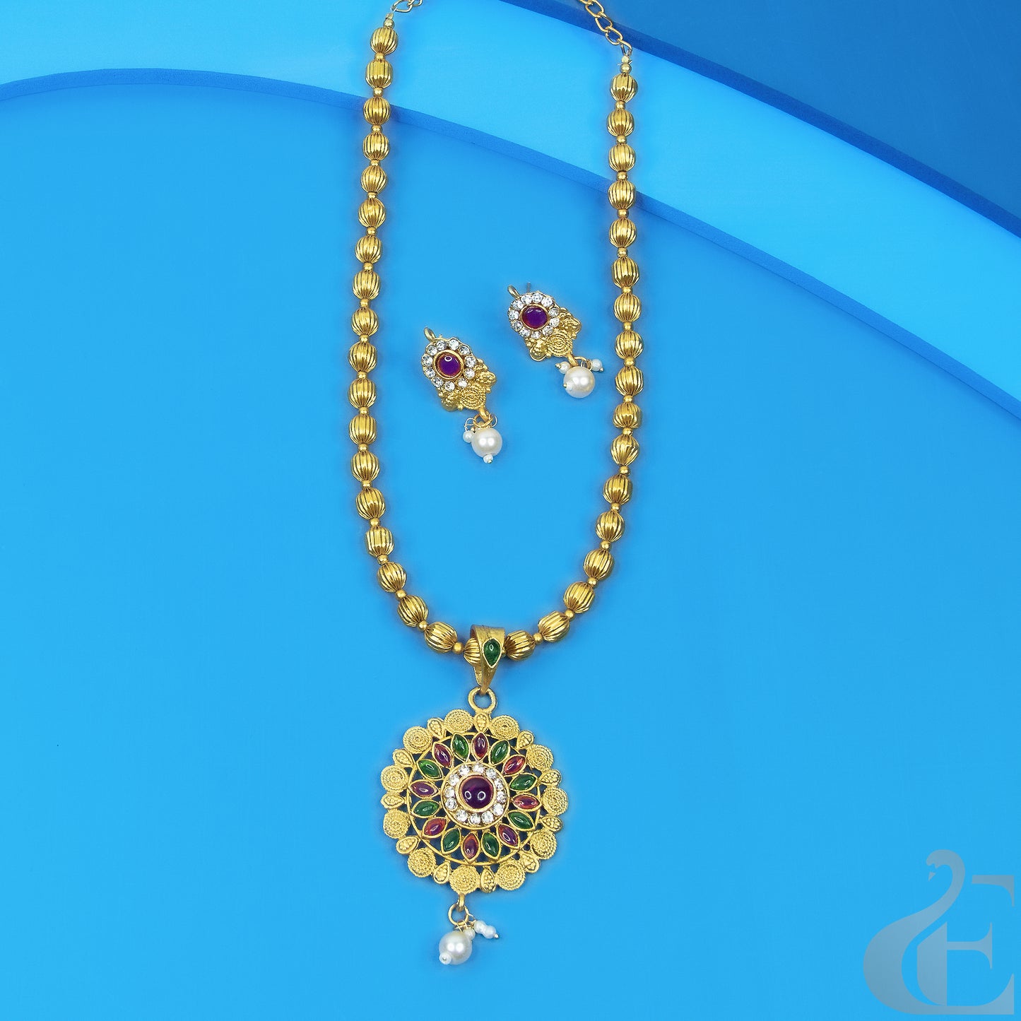 Top view of Antique Long Necklace & Earrings Ruby green white stone