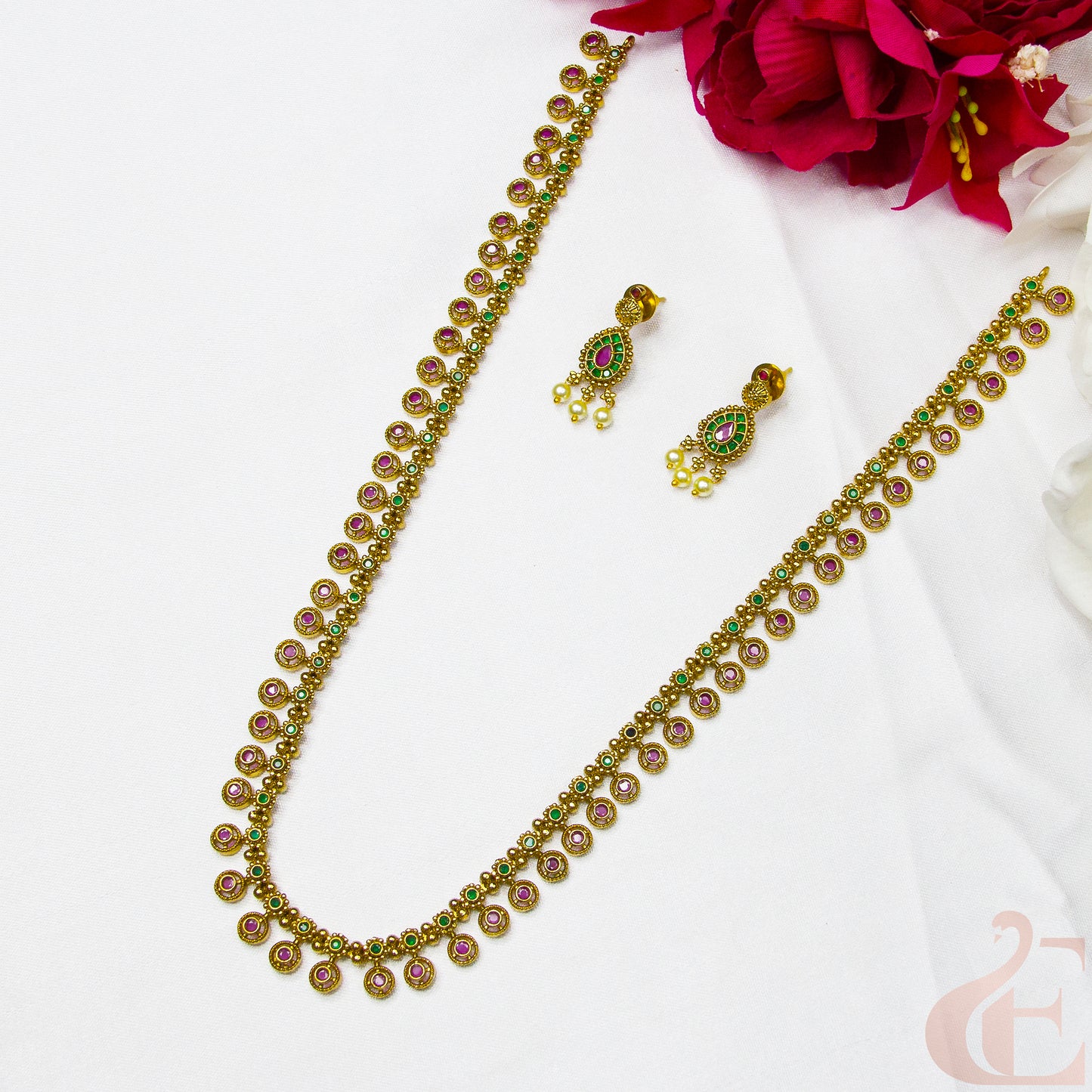 Top view of Antique Long Necklace & Earrings ruby green stones