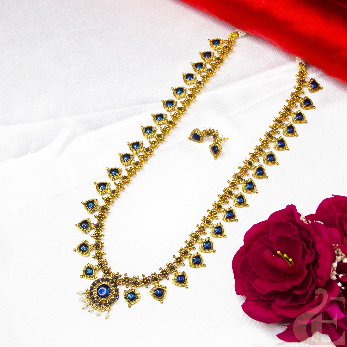Top view of Antique Long Palakka Necklace & Earrings , Blue Stones