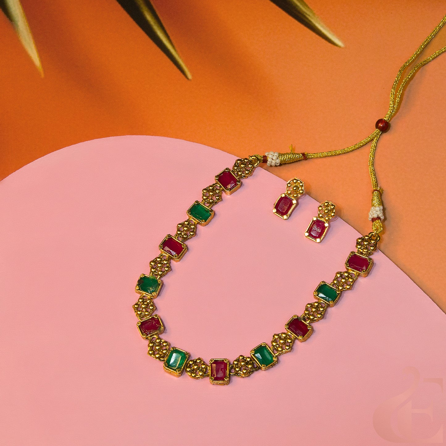 Antique Necklace & Earrings Ruby Green Stones