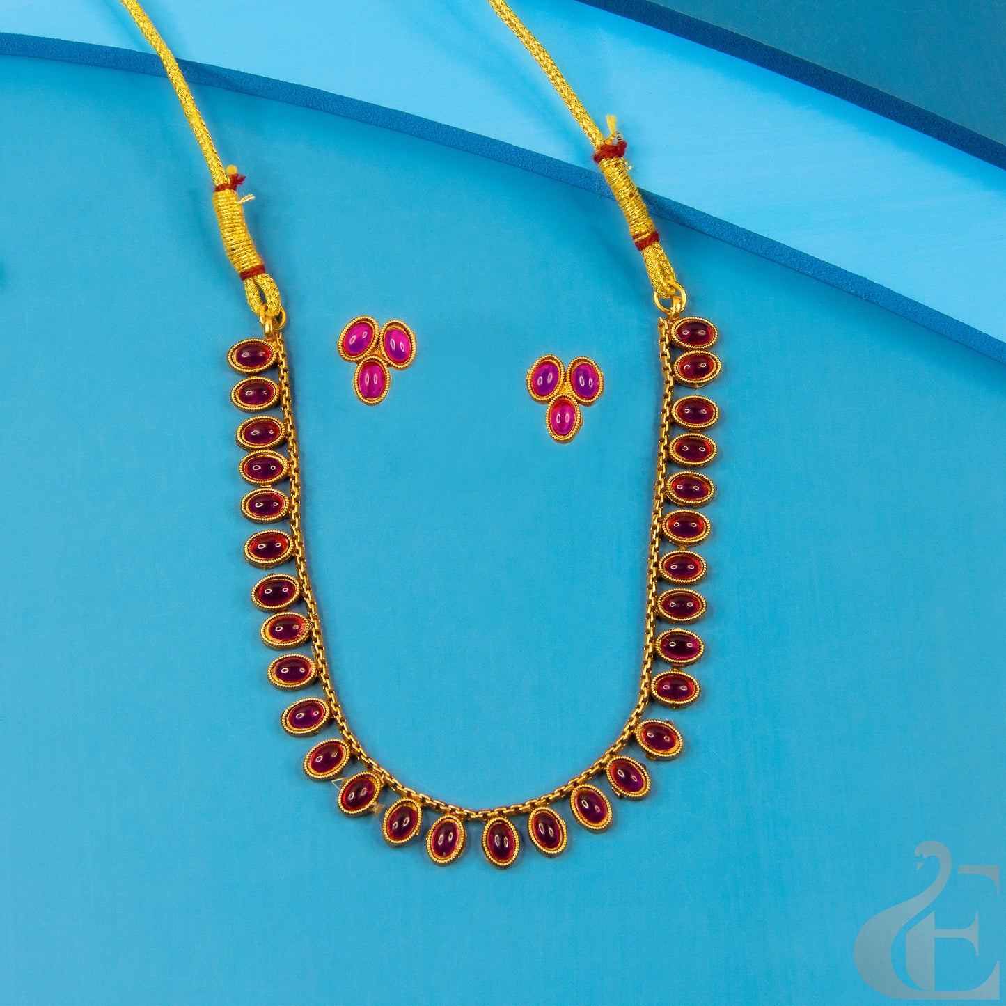 Top view of Antique Necklace & Earrings, Ruby stones