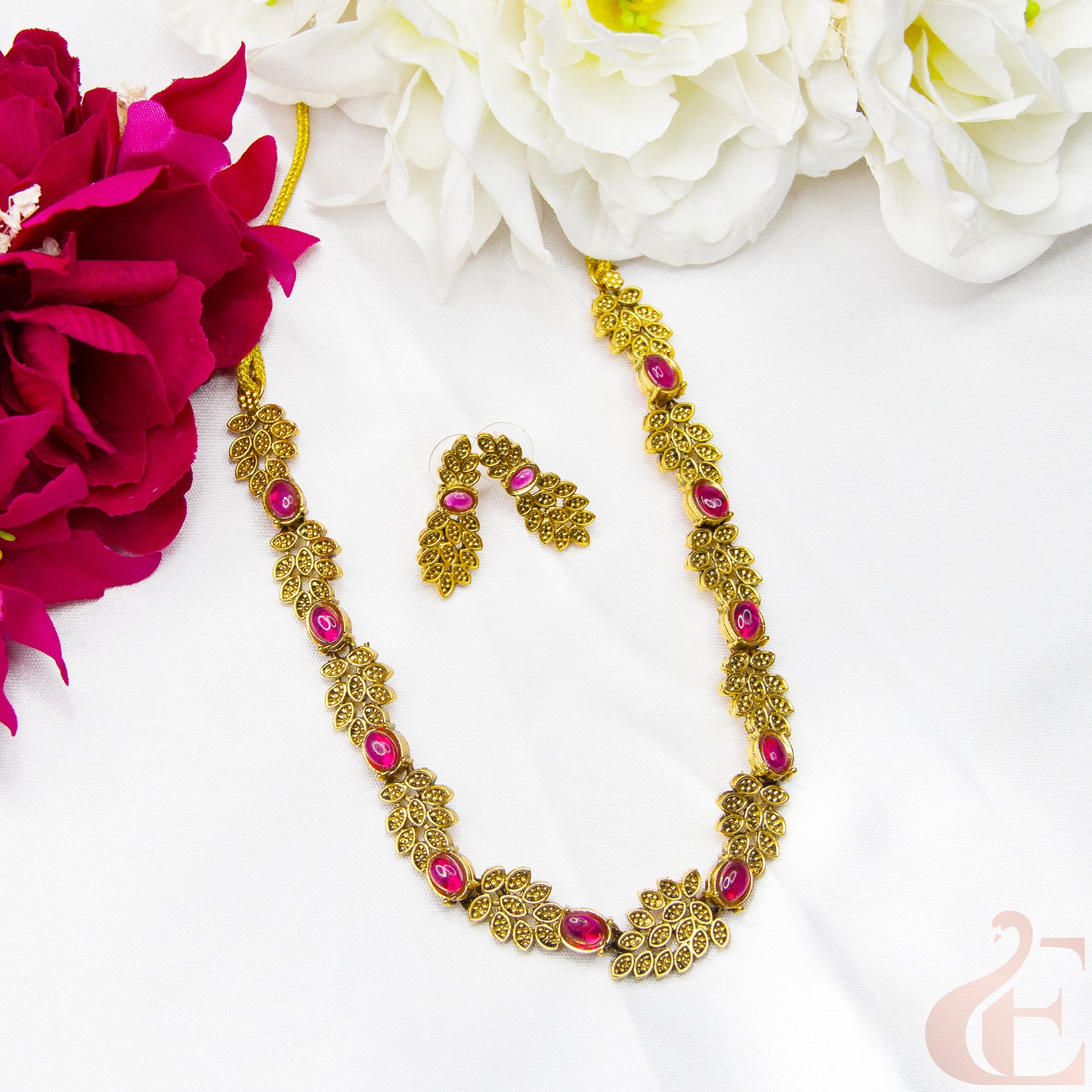 Top view of Antique Necklace & Earrings , Ruby stones