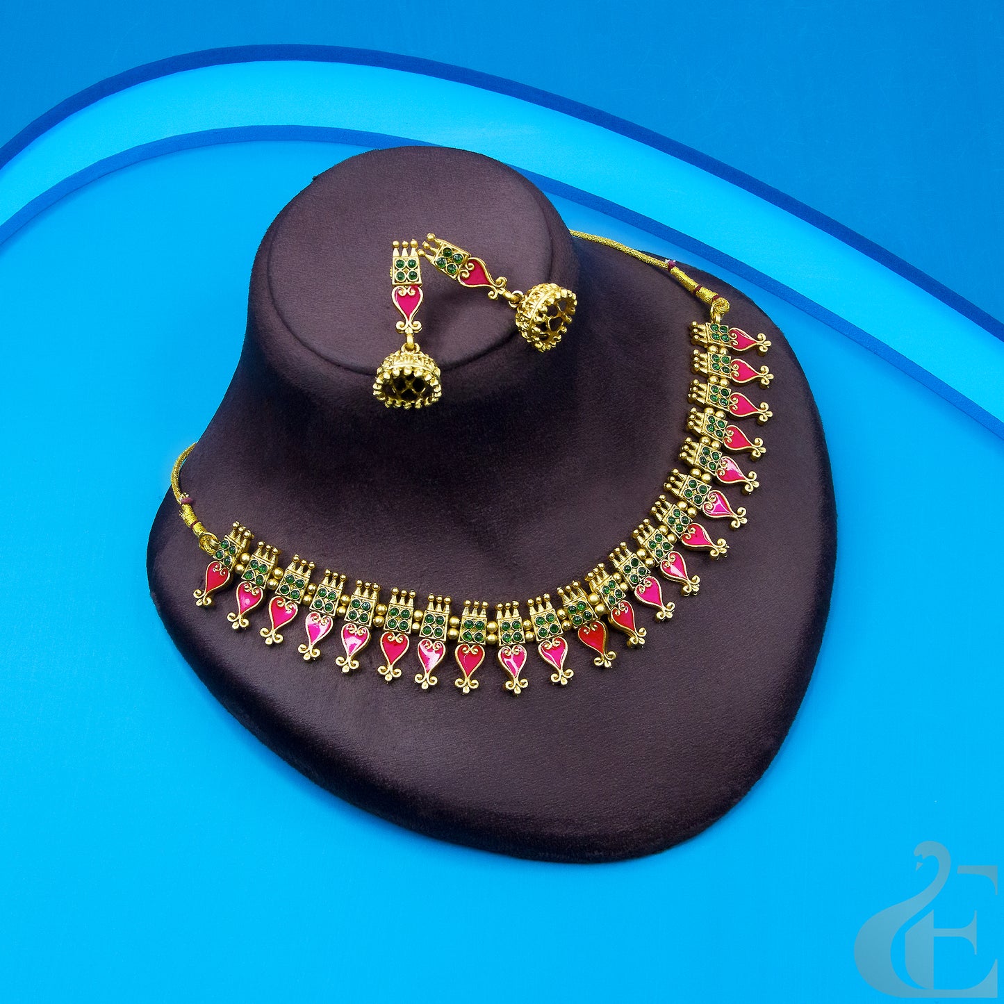 Antique Necklace & Jhumka Ruby Green Stones