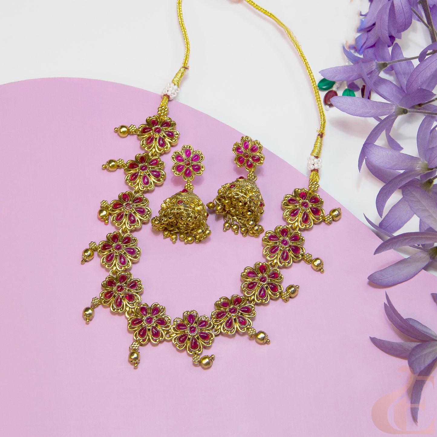 Top view of Antique Necklace & Jhumka Ruby stones