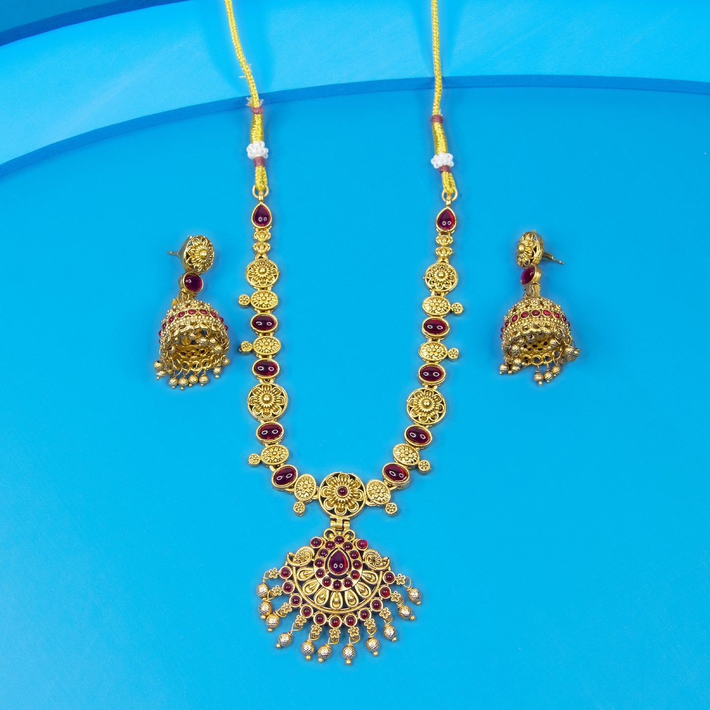 Top viewe of Antique Necklace set with Jhumka Ruby stones