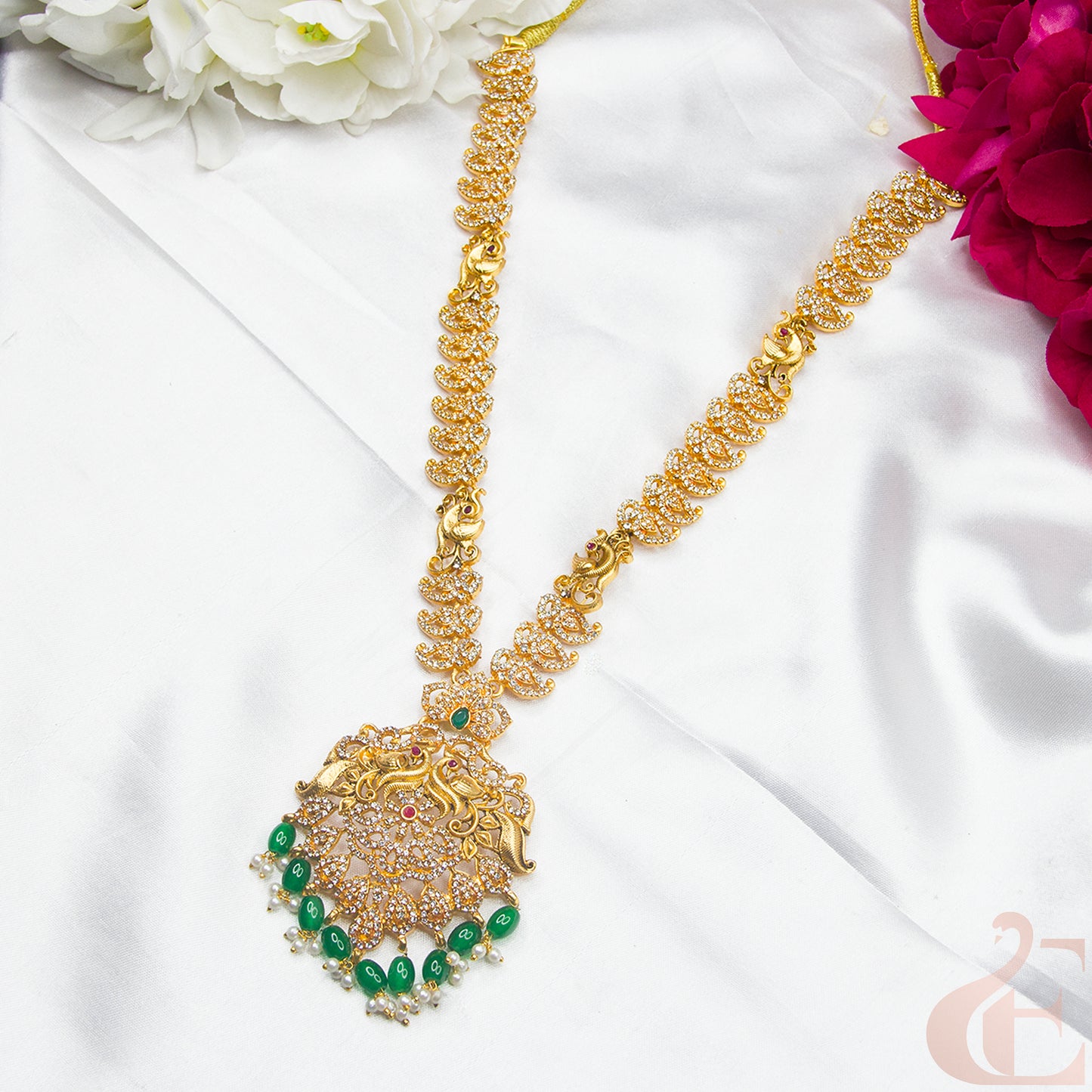 Top view of Antique Premium AD Long Necklace ruby green stones 133