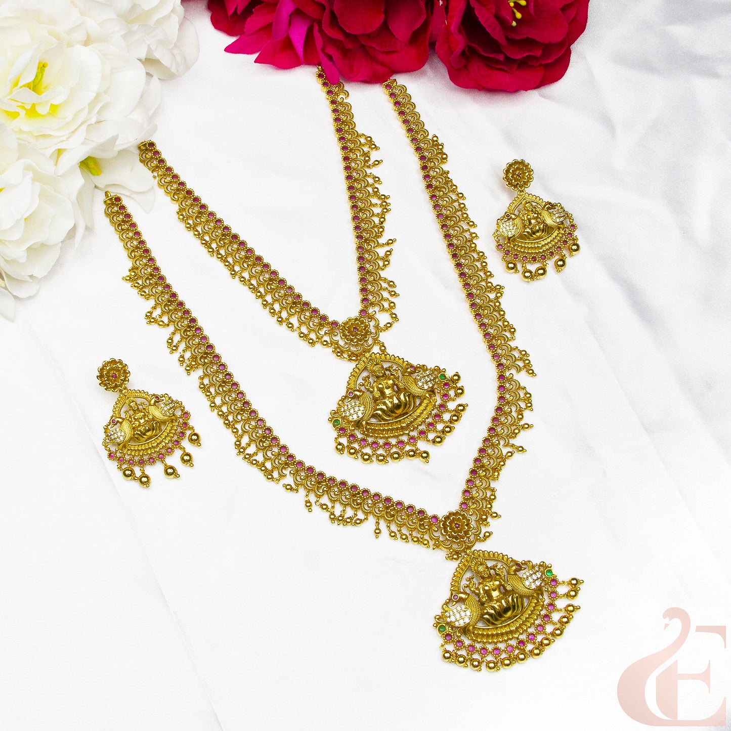 Top view of Antique Premium AD Temple Necklace Ruby Green stones & Earrings