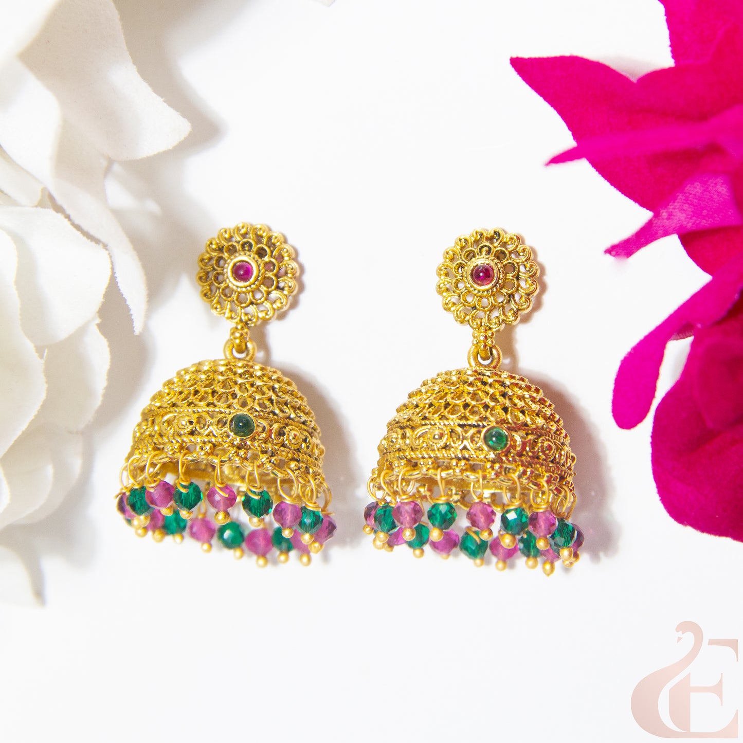 Top view of Antique Premium Jhumka Ruby green