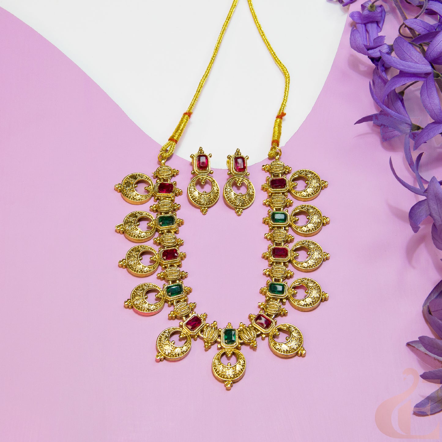 Top view of Antique Short Necklace & Earrings Ruby Green stones