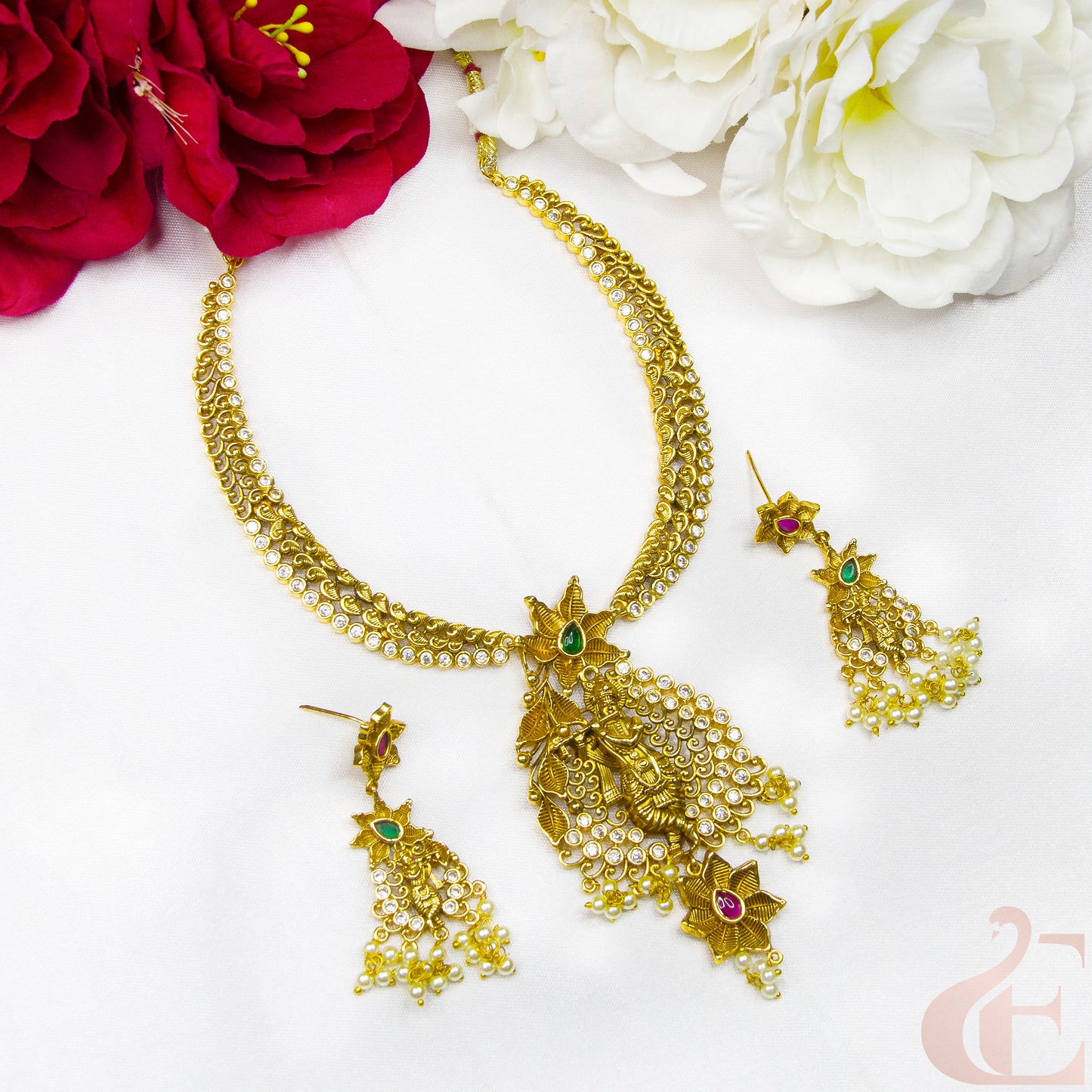 Top view of Antique Temple AD Necklace & Earrings Ruby Green stones 70