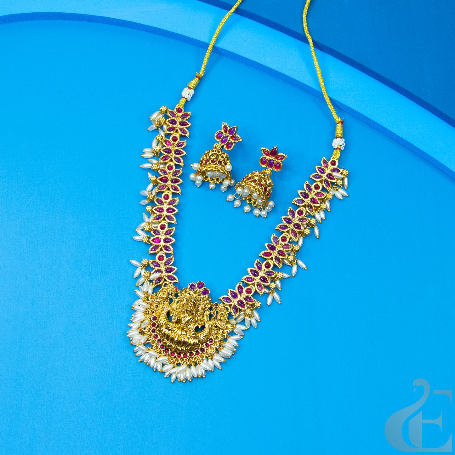 Top view of Antique Temple Necklace & Jhumka Ruby stones