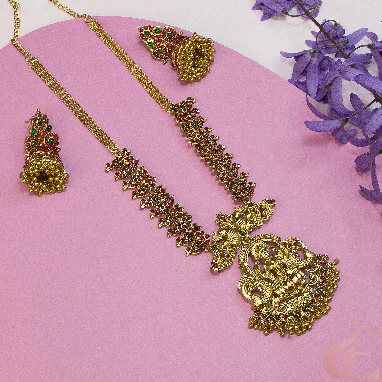 Antique Temple Necklace & Jhumka Ruby Green Stones