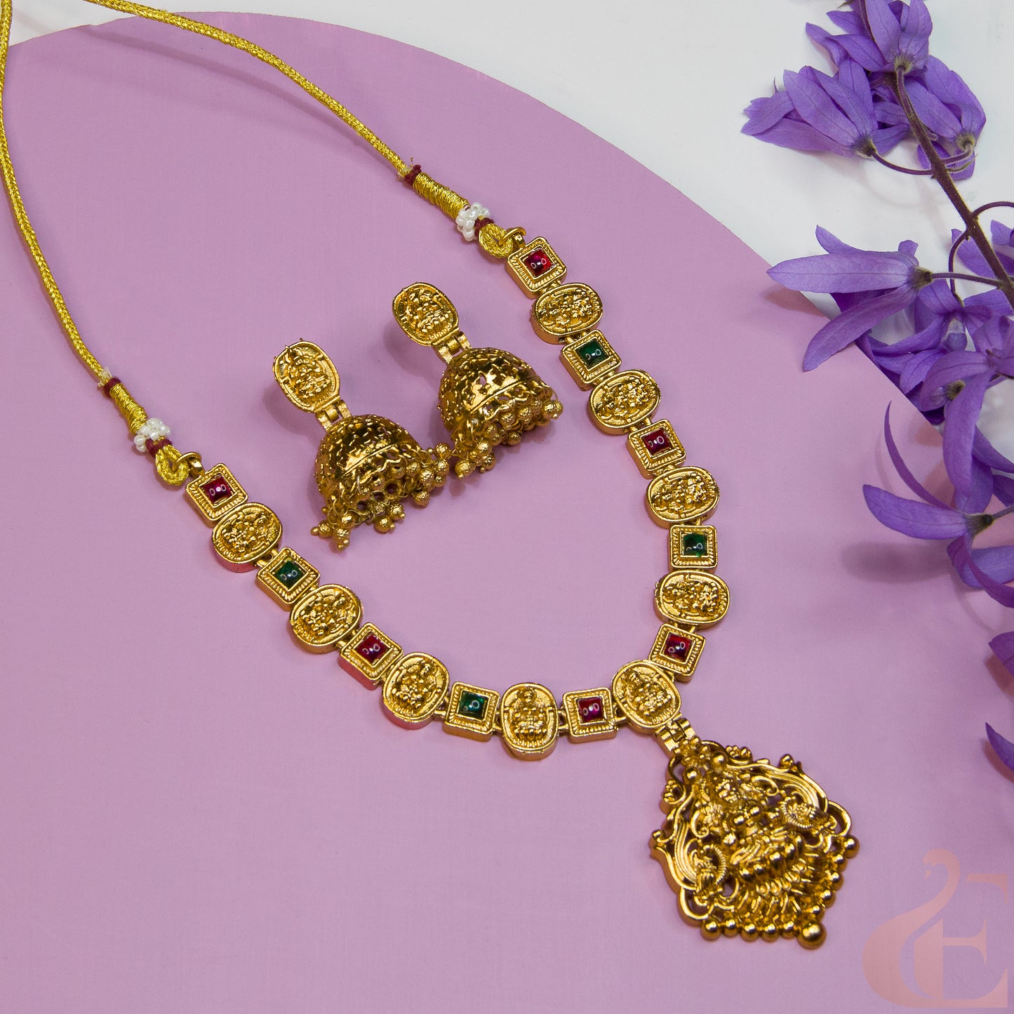 Top view of Antique Temple Necklace & Jhumka Ruby Green stones