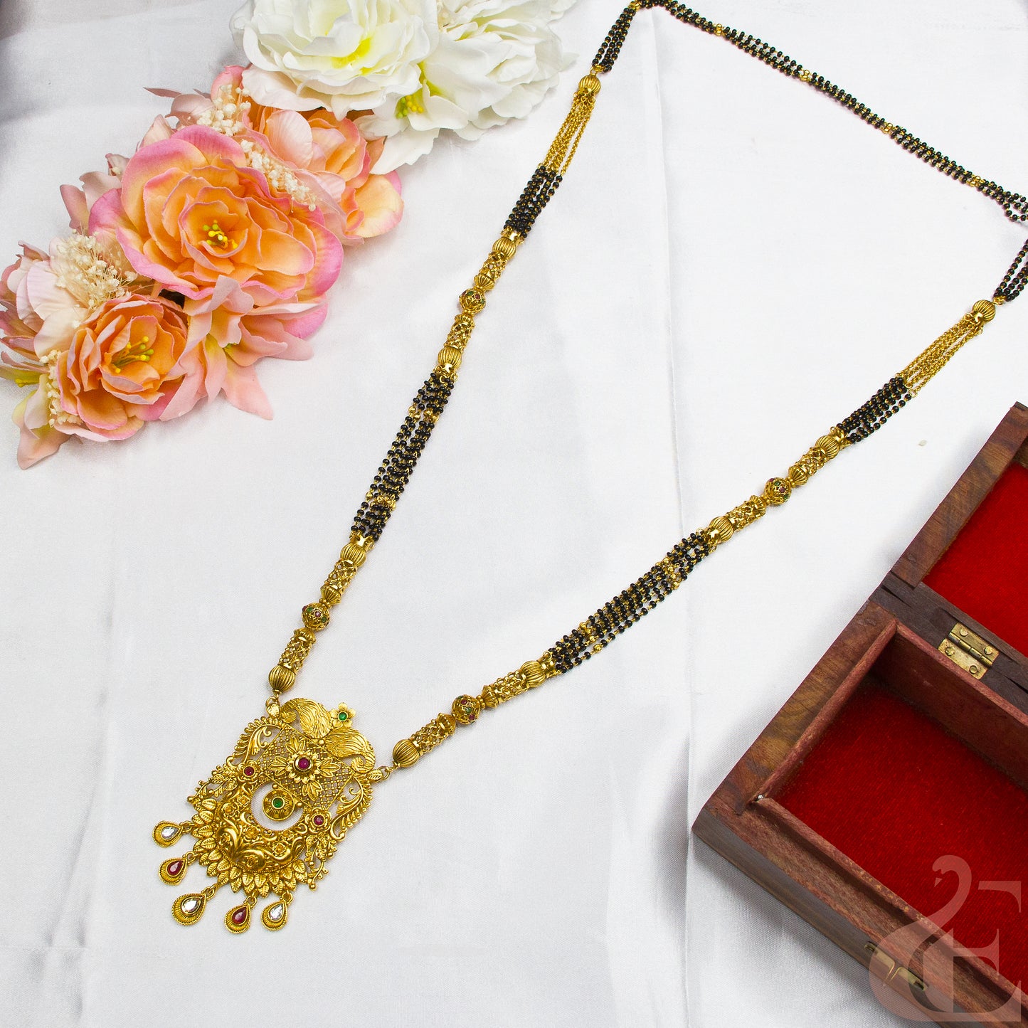 Top view of Antique long Necklace Karimani mala ruby green white stones