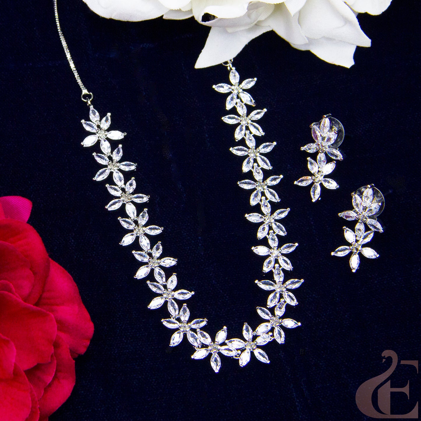 Top view of Beautiful AD Necklace with Earrings , White Stones