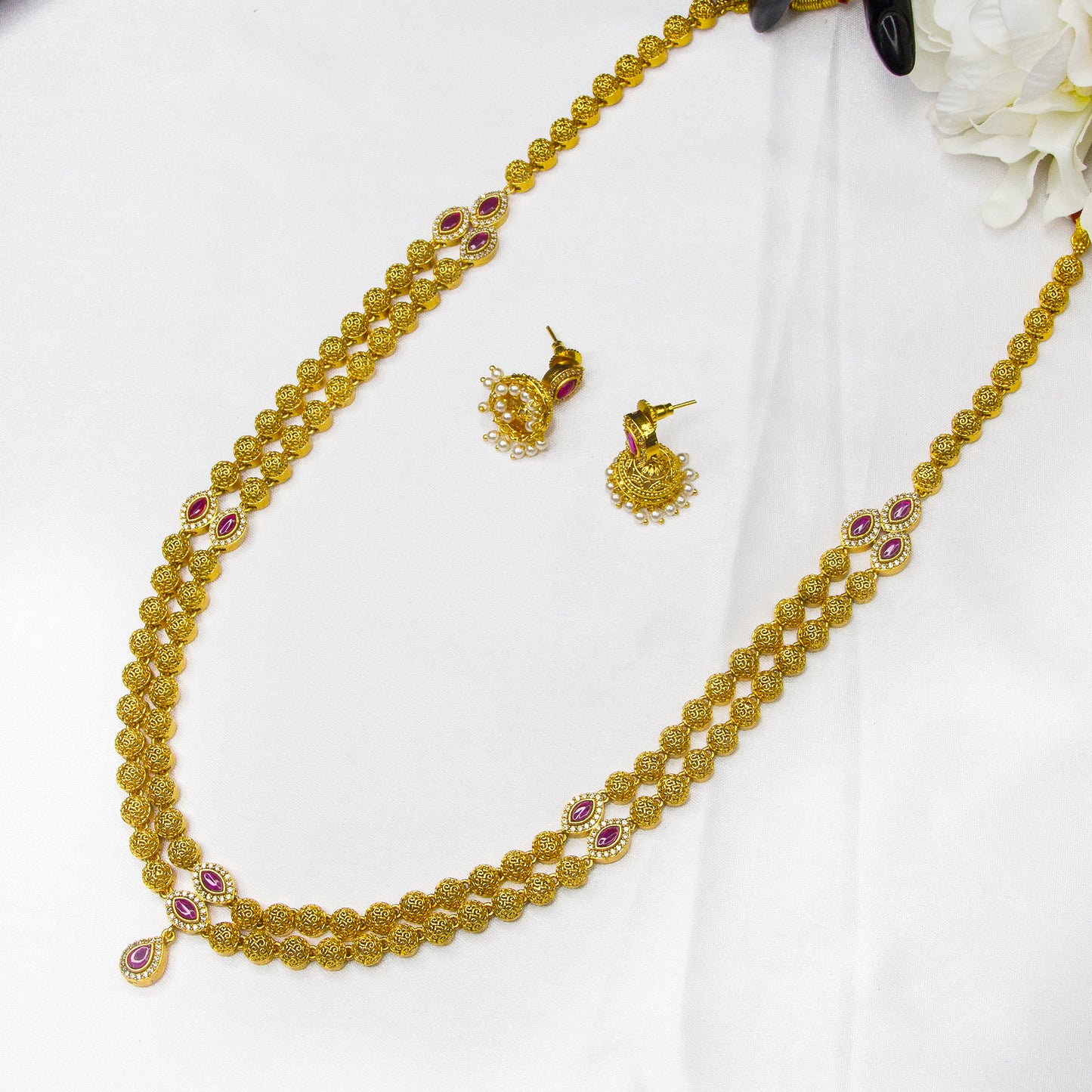 Top view of Double Layer Antique Long Necklace & Eaarings , Ruby & White AD Stones