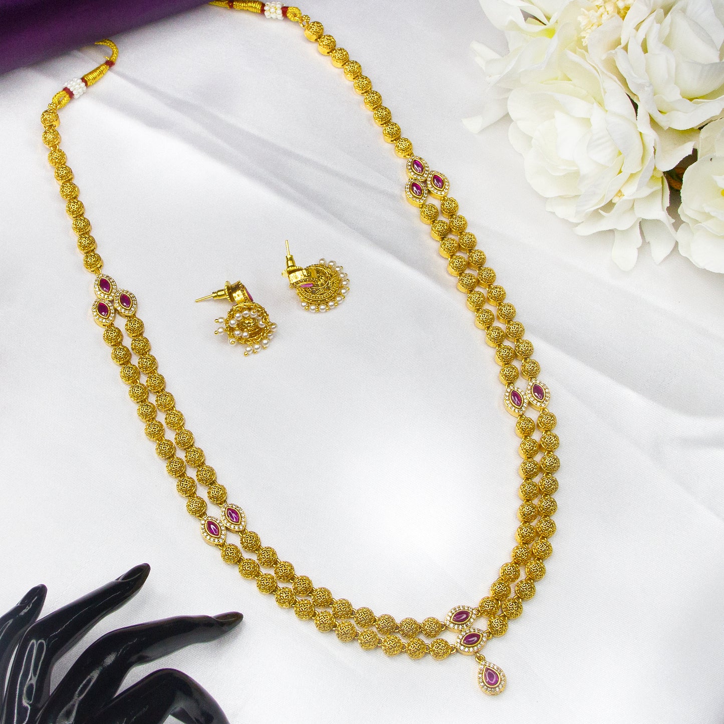 Top view of Double Layer Antique Long Necklace & Eaarings , Ruby & White AD Stones