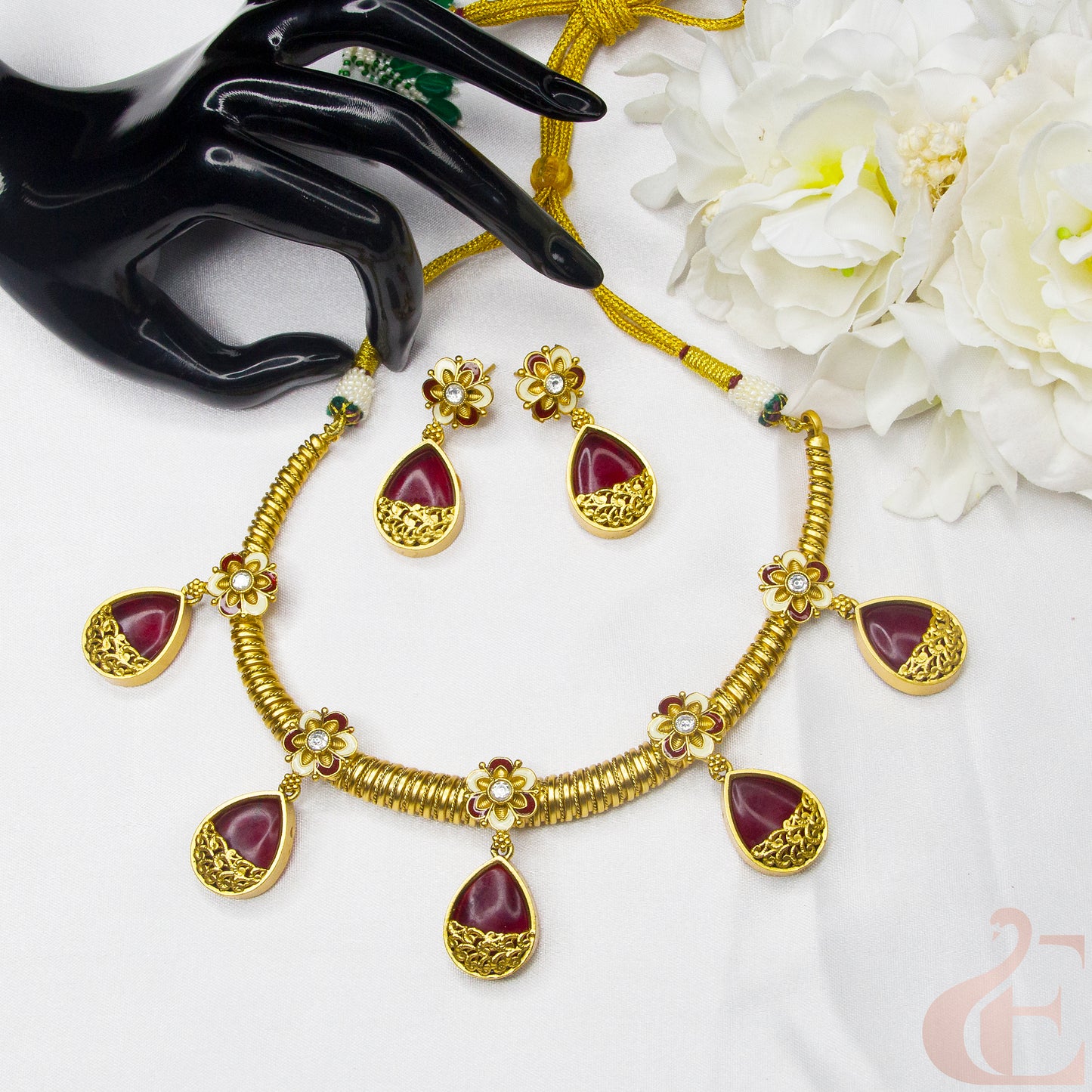 Top view of Elegant Antique Necklace & Earrings , ruby stones