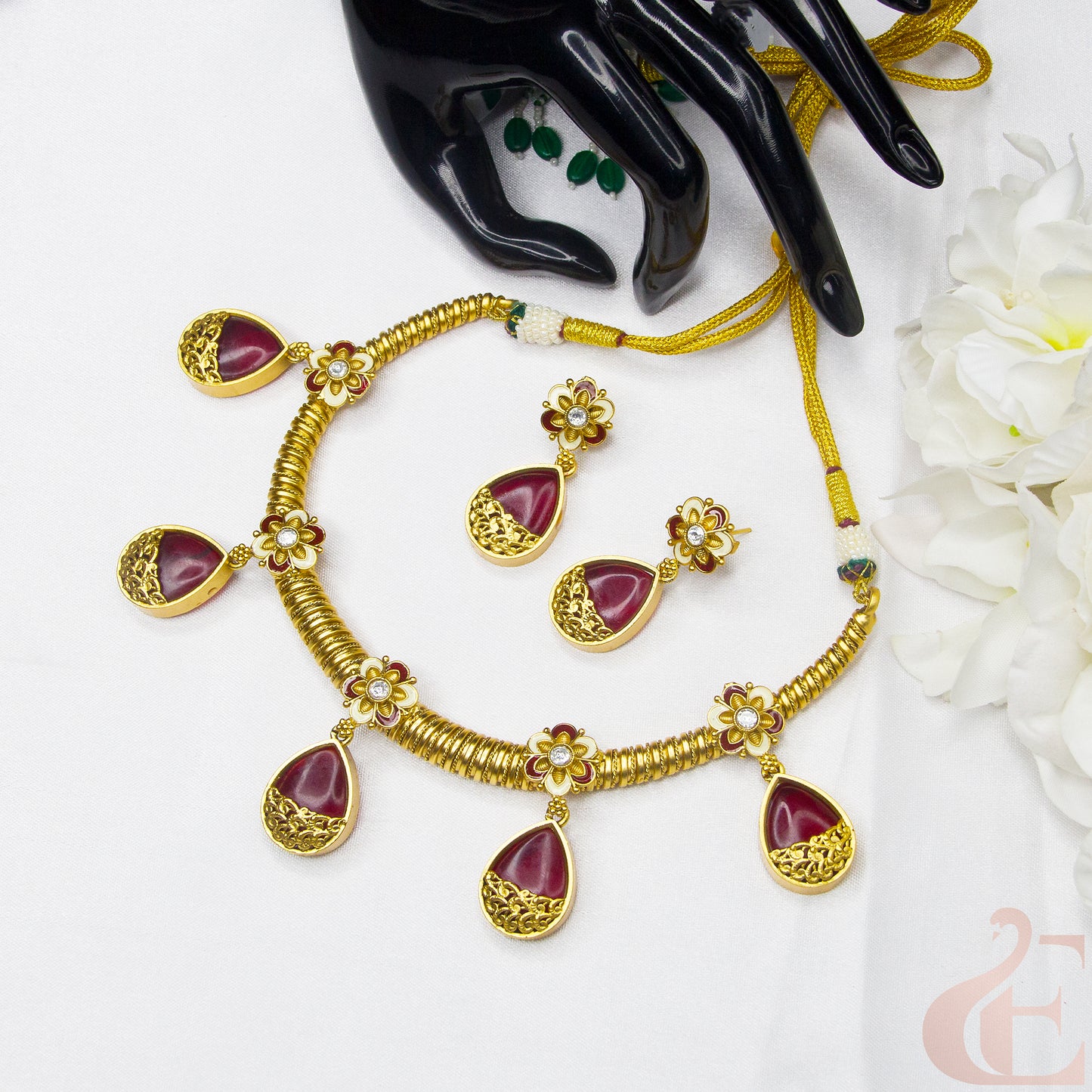 Top view of Elegant Antique Necklace & Earrings , ruby stones