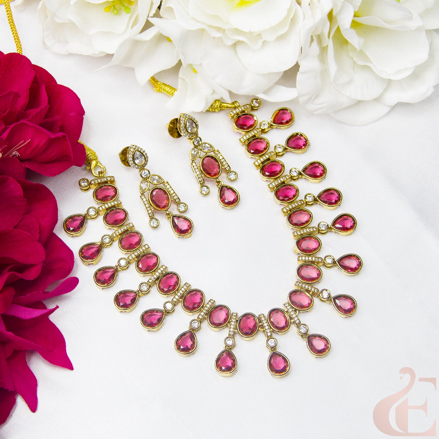 Top view of Elegant Design AD Necklace Set Ruby stones