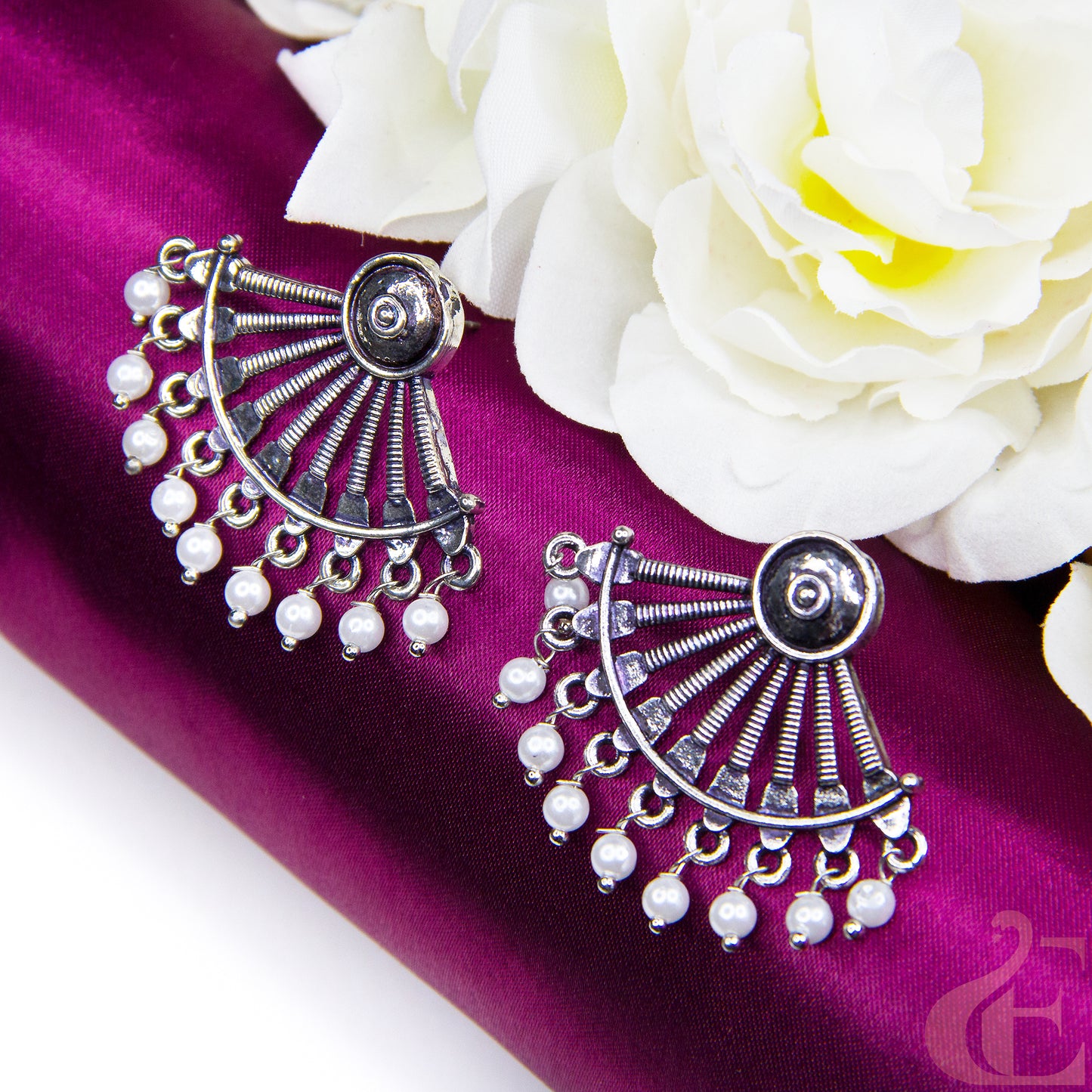 Top view of Elegant Oxidised Silver Earrings