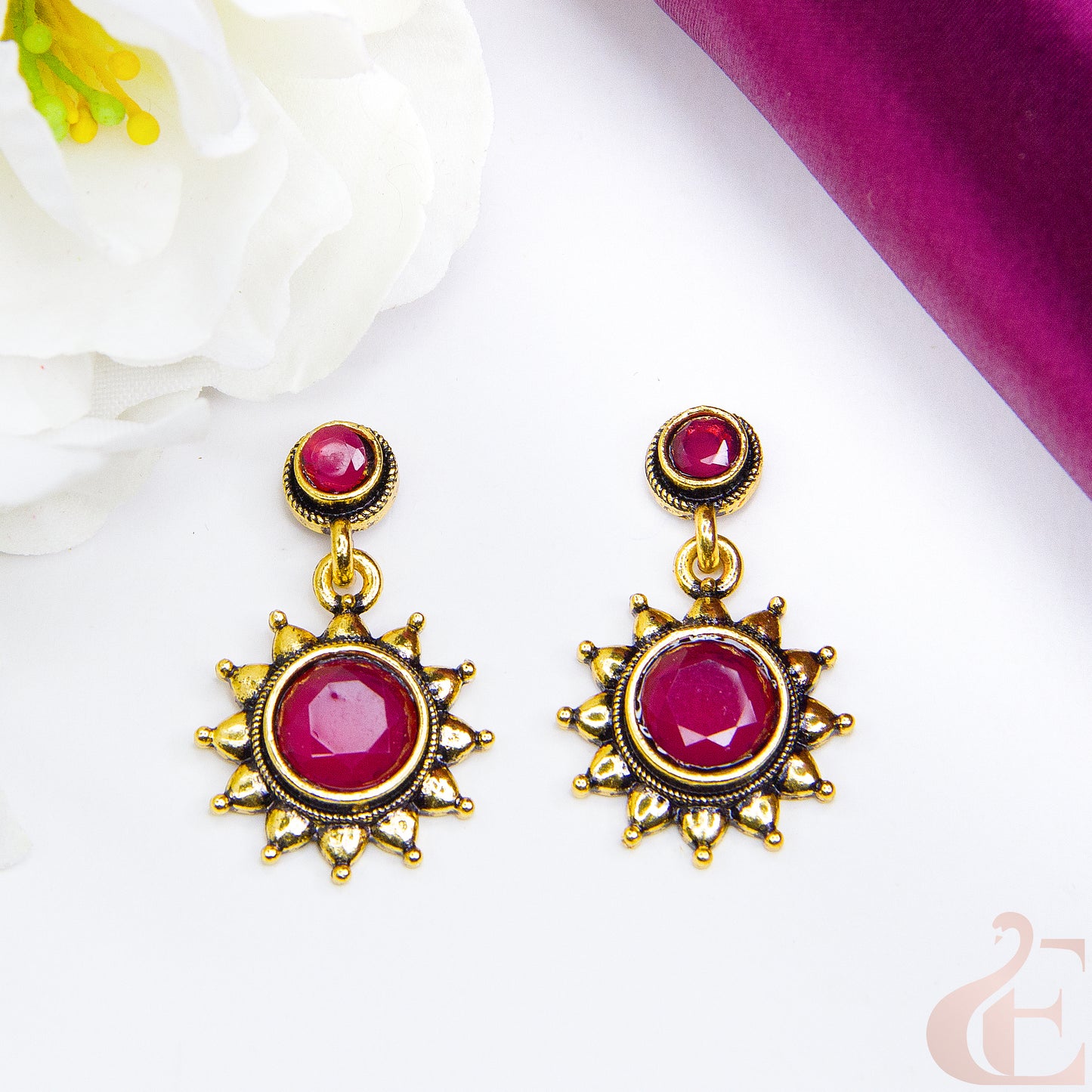 Top view of Elegant Oxidised Silver Earrings Rubi stone