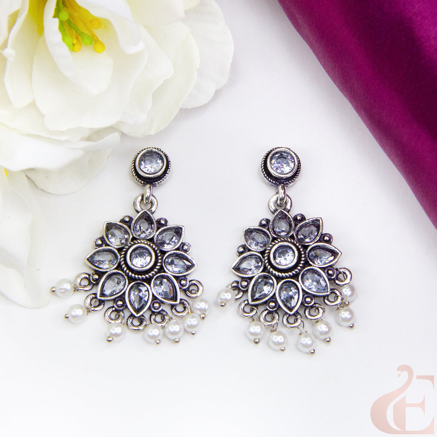 Top view of Elegant Oxidised Silver Floral Earrings White Stone 15