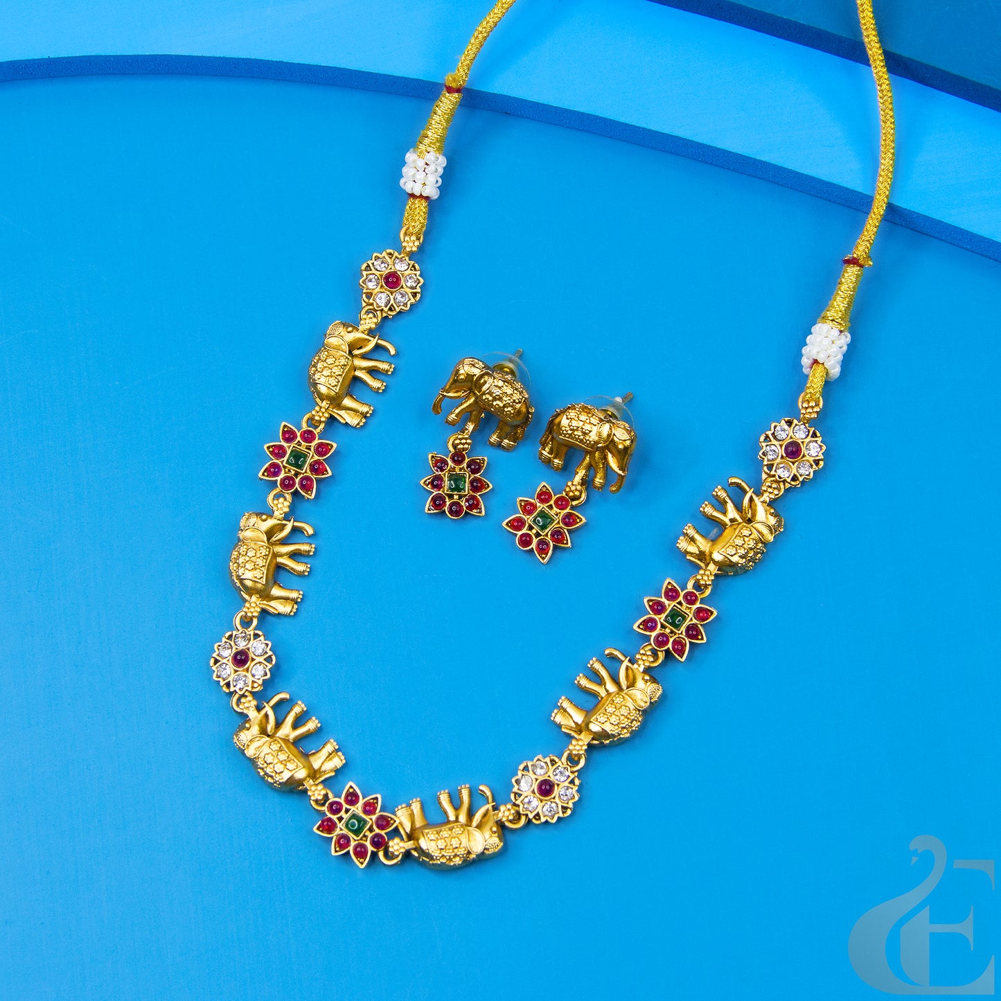Top view of Elephant Design Antique Necklace & Earrings Ruby Green stones