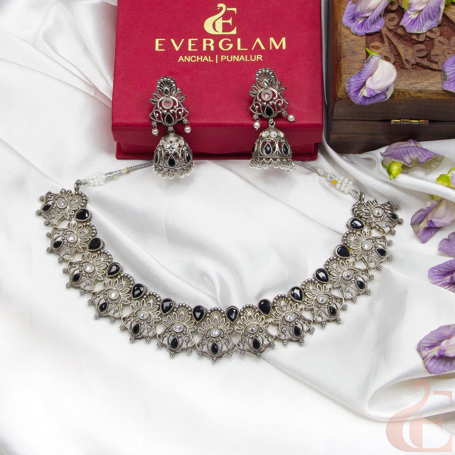 Top view of German Silver Replica Necklace & Jhumka black and ad stones