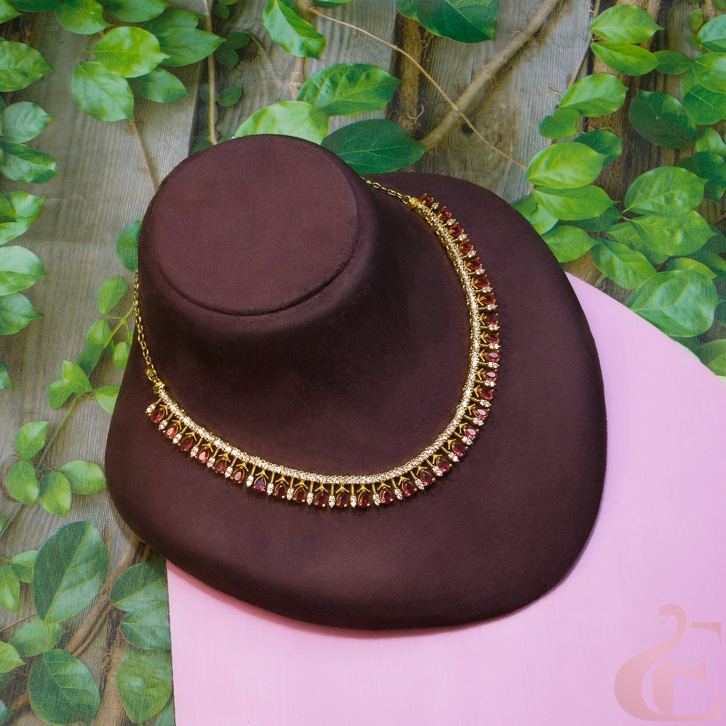 Top view of Gold Plated AD Necklace Ruby Stone