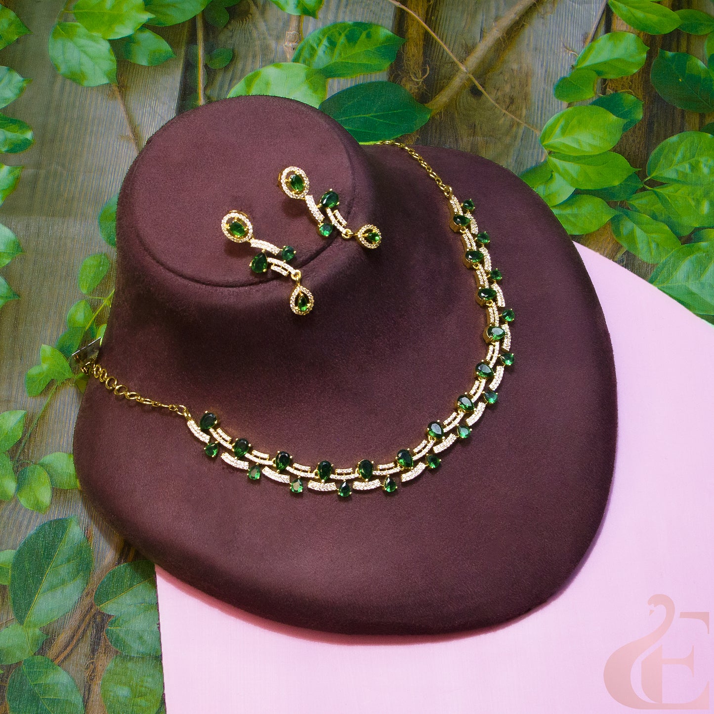 Top View of Gold Plated AD Necklace & Earrings Green Stone