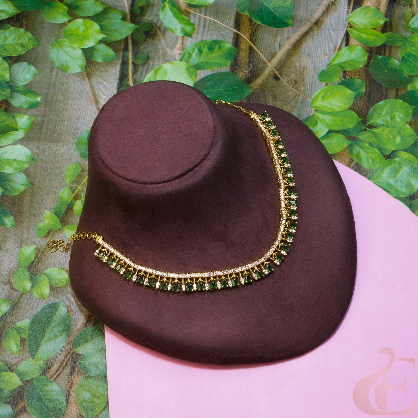 Top view of Gold Plated AD Necklace Green Stone