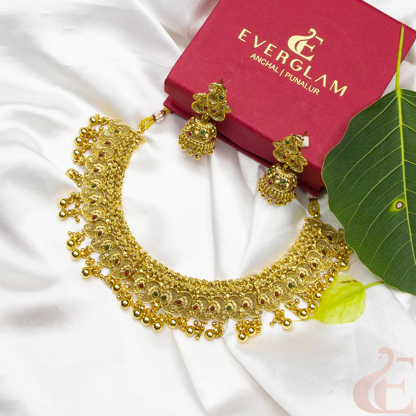 Top view of Gold Plated Necklace & Jhumka green ruby stones